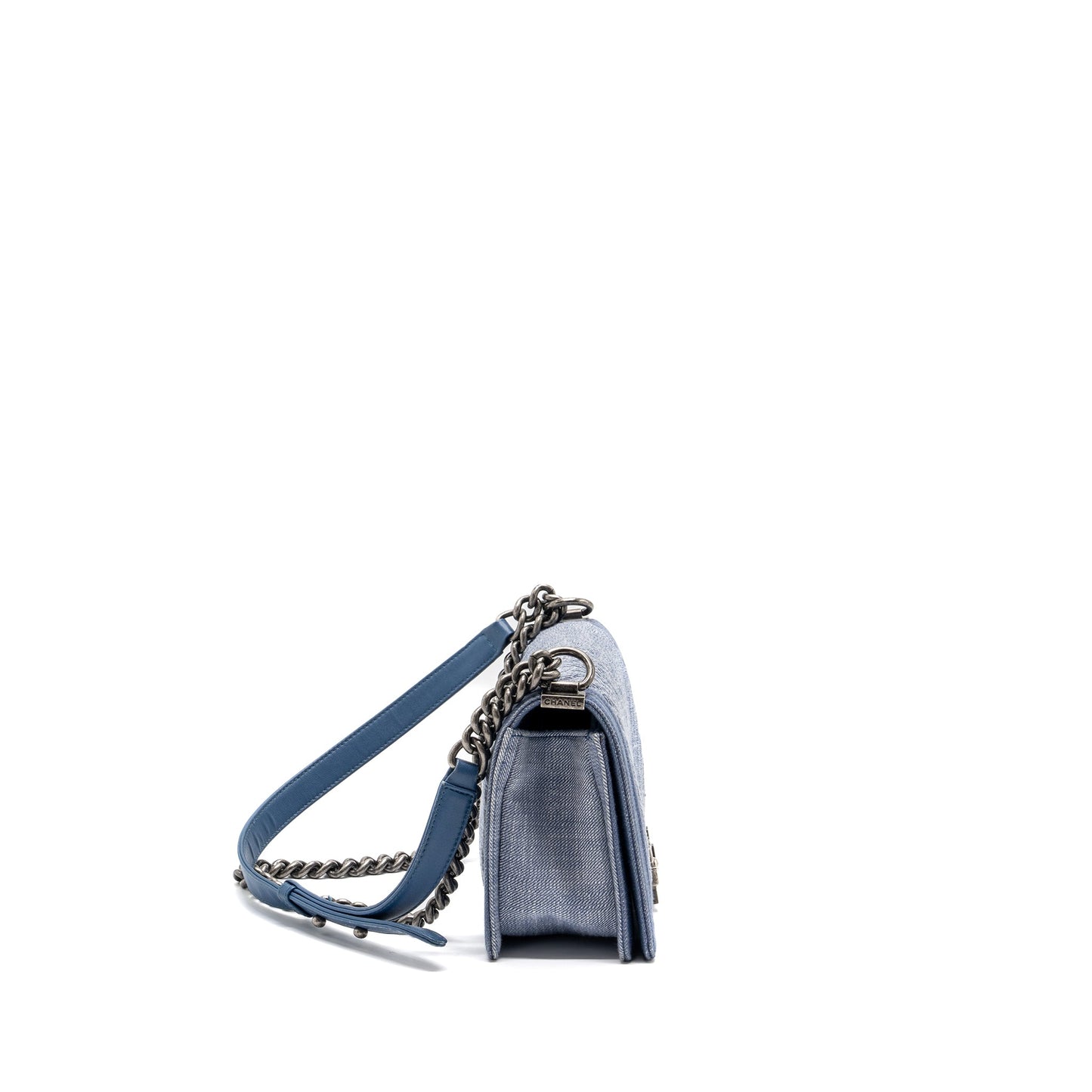 Chanel Boy Denim Ruthenium Hardware Blue Silver Handbag