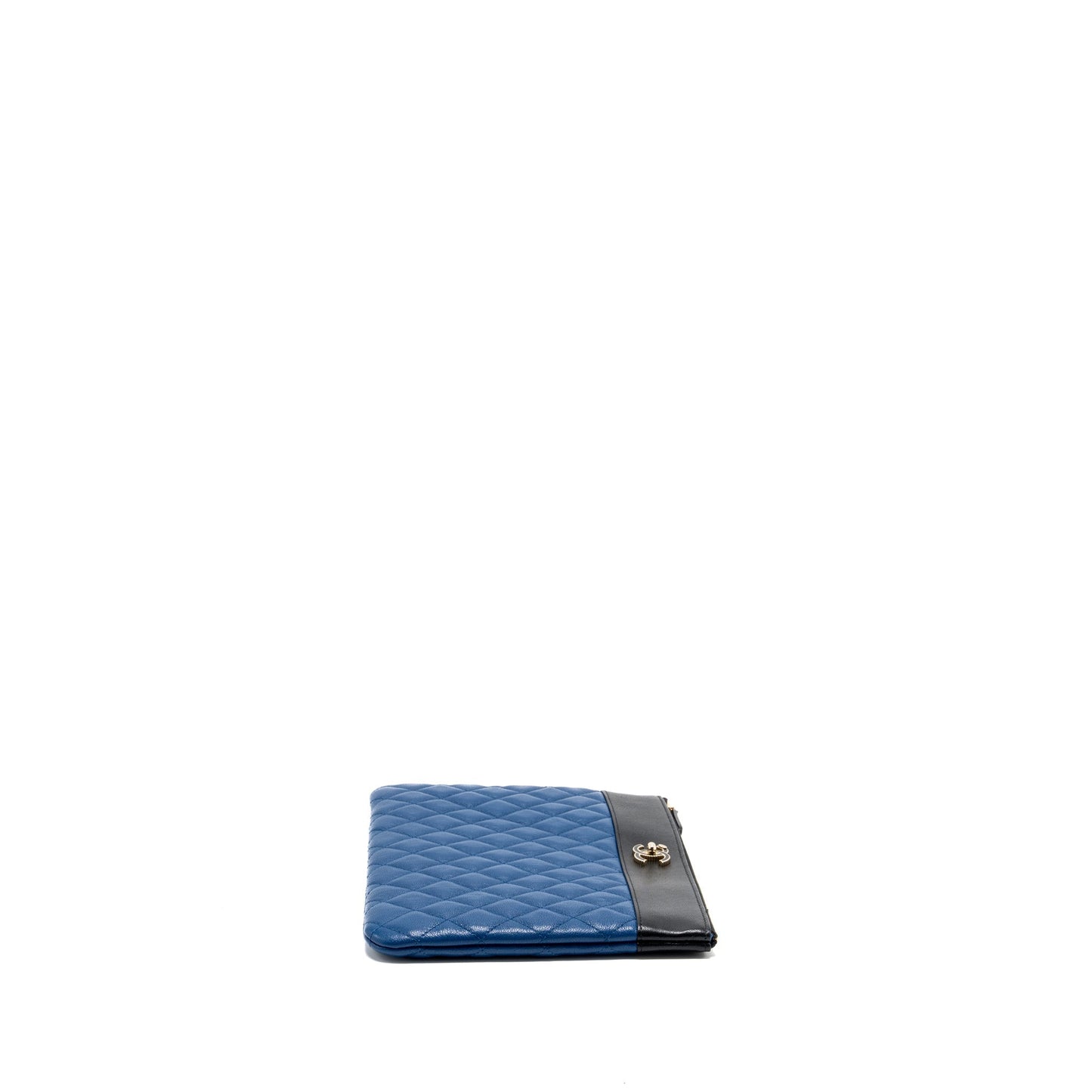 Chanel CC Logo Quilted Zip shiny sheepskin Black Blue Clutch Bag