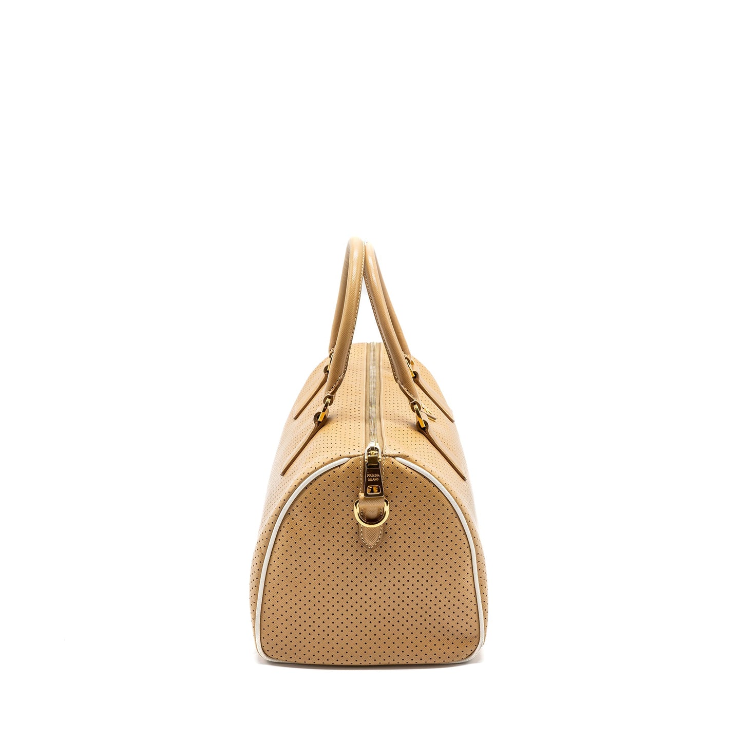 Prada Boston Tote Purse Calfskin Handbag Leather Beige Tote Bag