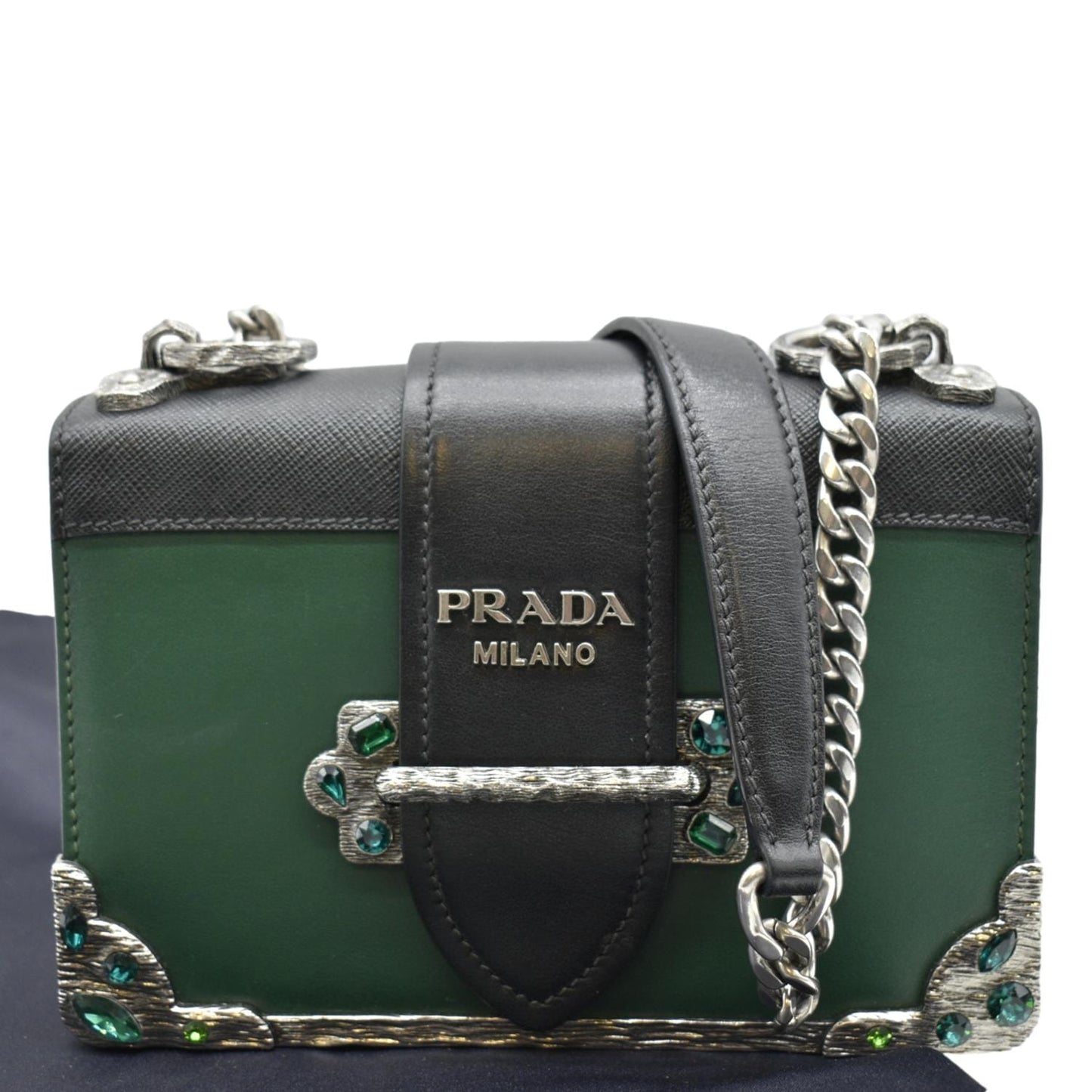 Prada Cahier Swarovski Crystals Shoulder Bag Leather Green Cahier Swarovski Crystals