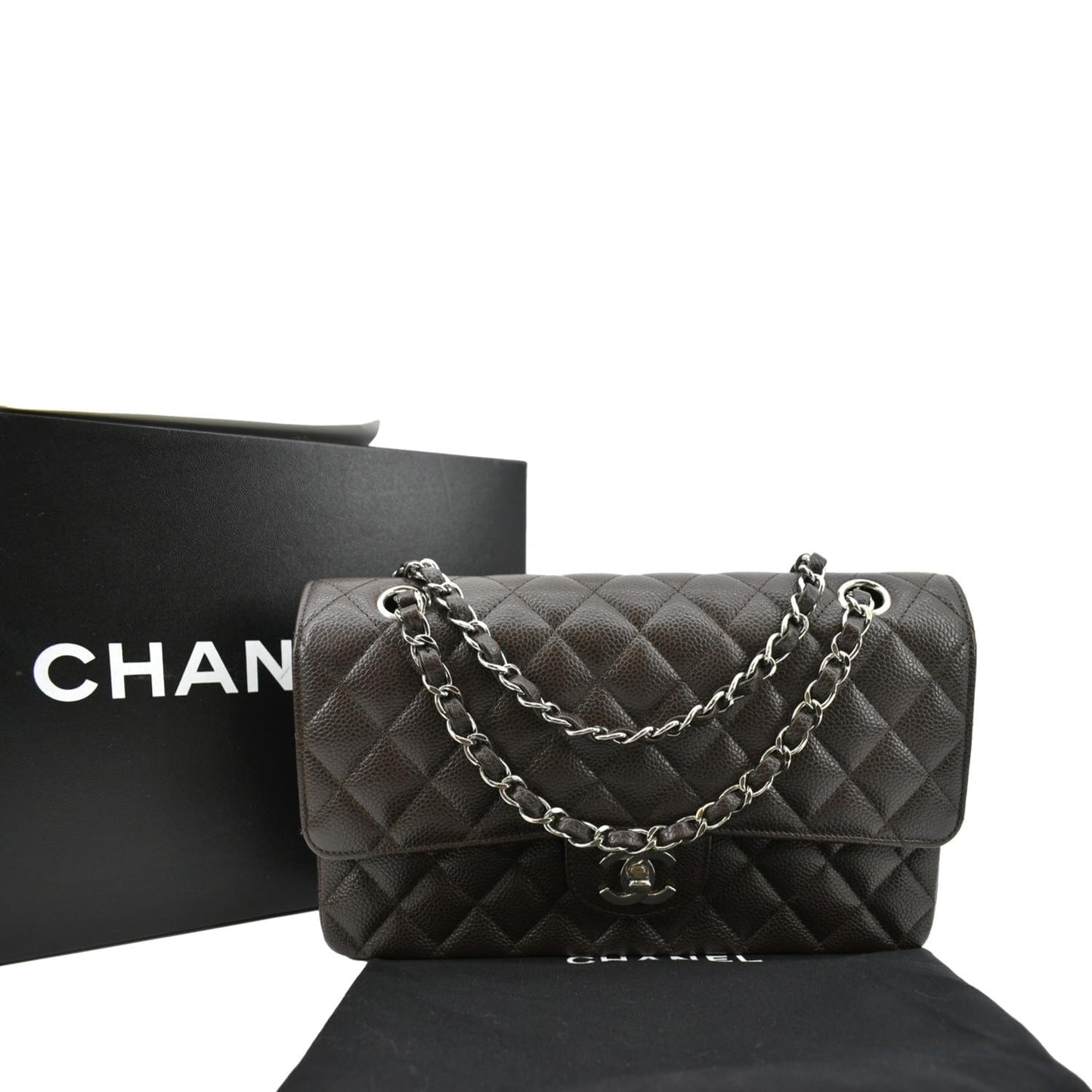 Chanel Classic Double Flap Caviar Chocolate Leather Travel Bag