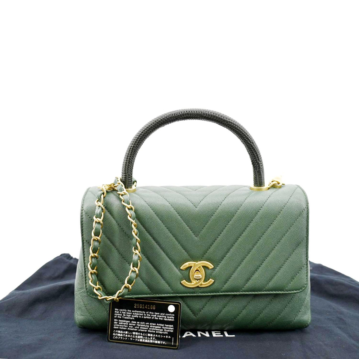 Chanel CC Caviar Top Handle Flap Leather Green Travel Bag