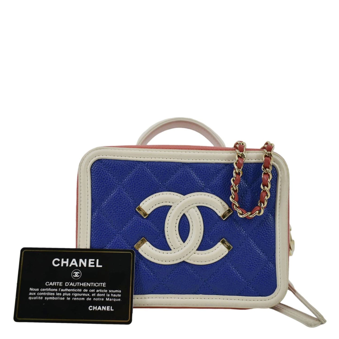 Chanel Filigree Quilted Caviar Top Handle Leather Blue Travel Bag