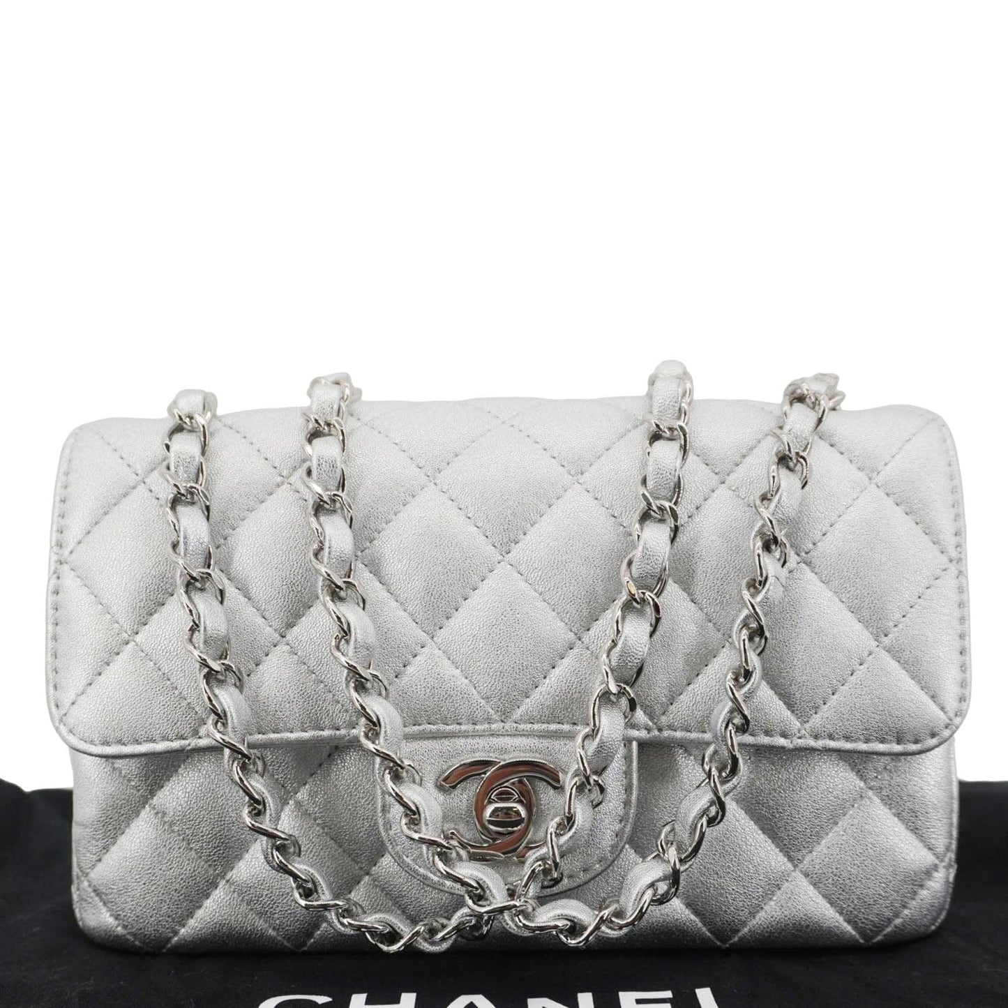 Louis Vuitton CHANEL Rectangular Flap Leather Lambskin Silver Travel Bag