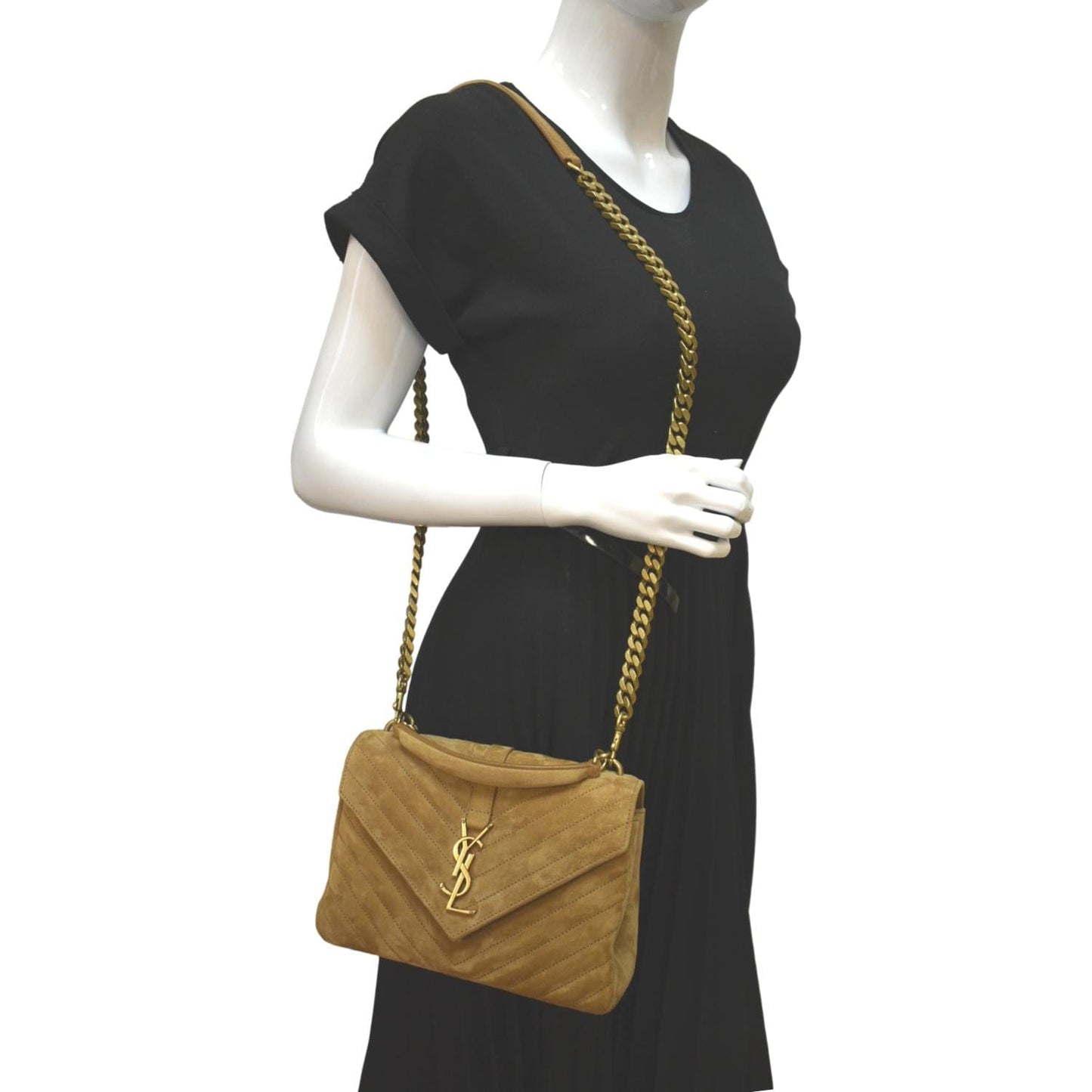 YSL Saint Laurent Saint College Chevron Shoulder Bag Camel Suede Chain