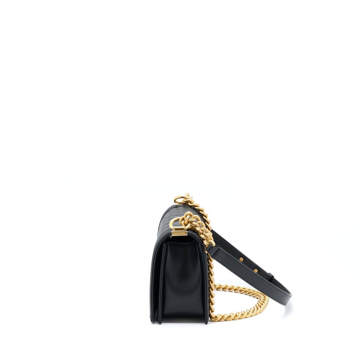 Chanel Boy Caviar Brushed Hardware Microchip Black Gold Handbag