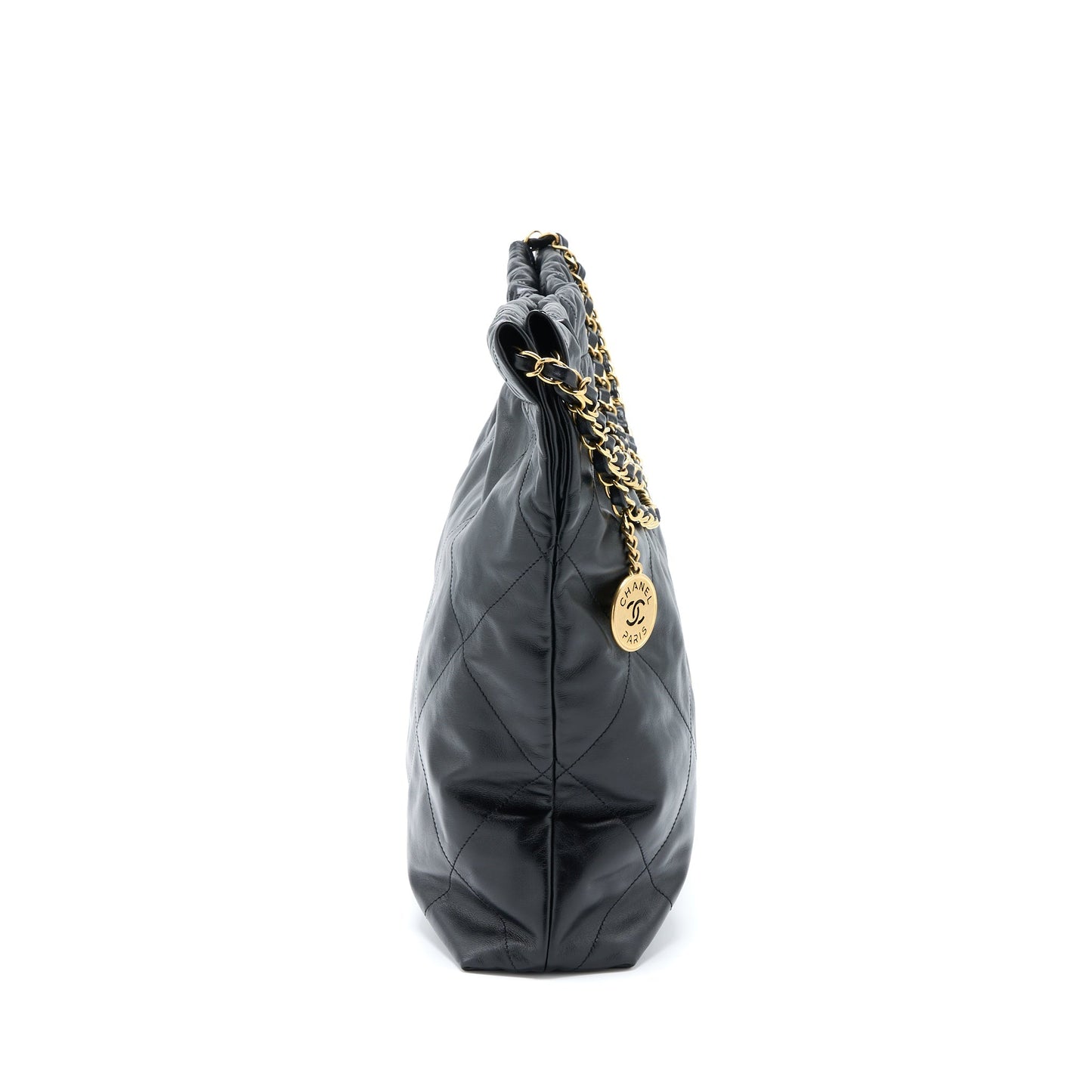 Chanel 22 Shiny Calfskin Brushed GHW Microchip Black Handbag
