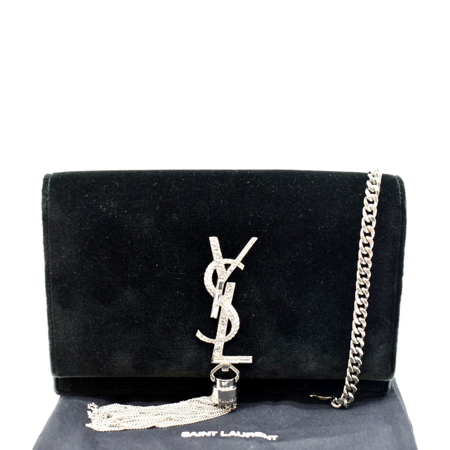 YSL Saint Laurent Yves Crystal Kate Tassel Velvet Crossbody Bag Dark Green Medium
