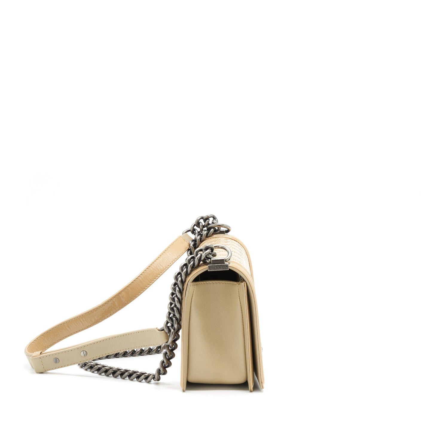 Chanel Boy Patent Light Ruthenium Sliver Hardware Beige Handbag