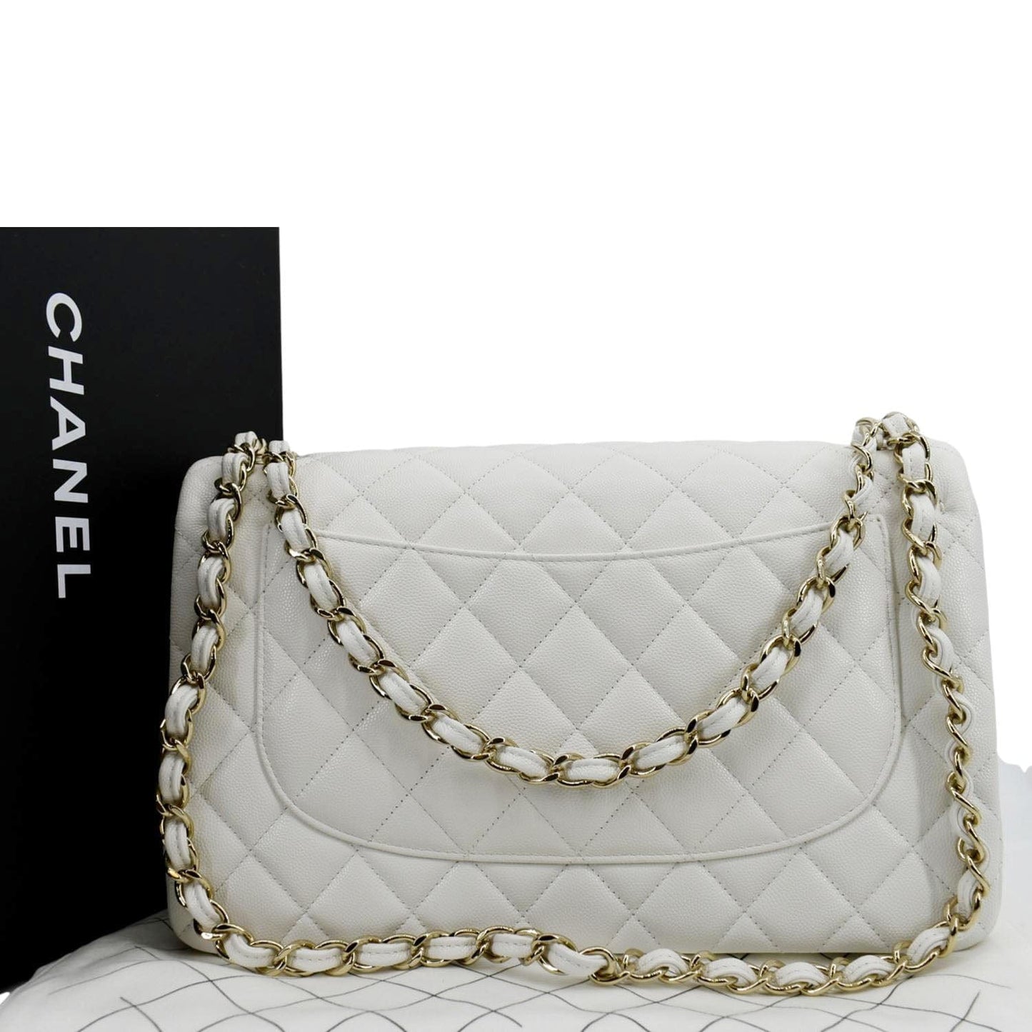 Chanel Jumbo Double Flap Quilted Caviar Leather White Travel Bag