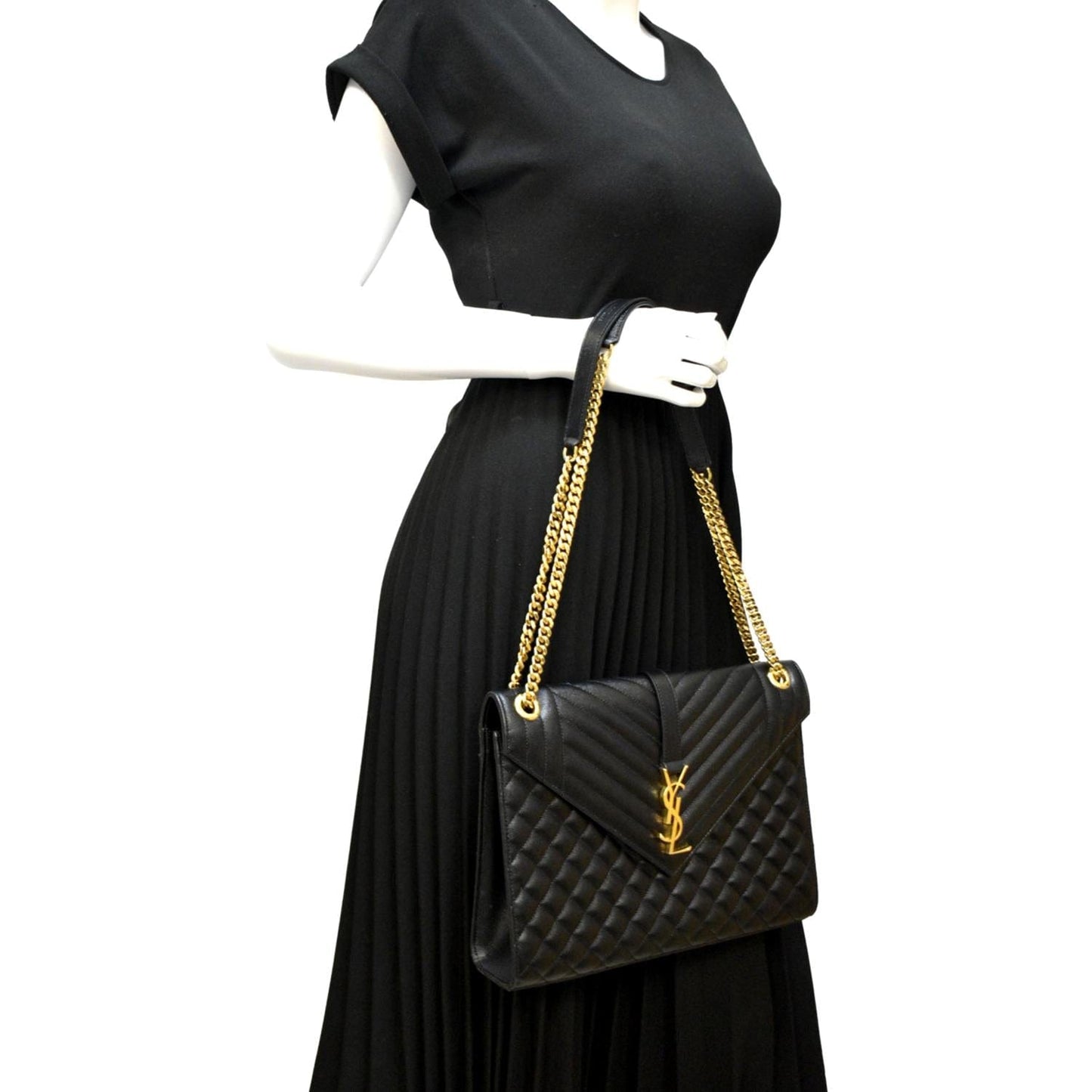 YSL Saint Laurent Saint Envelope Calfskin Chain Shoulder Bag Leather Black
