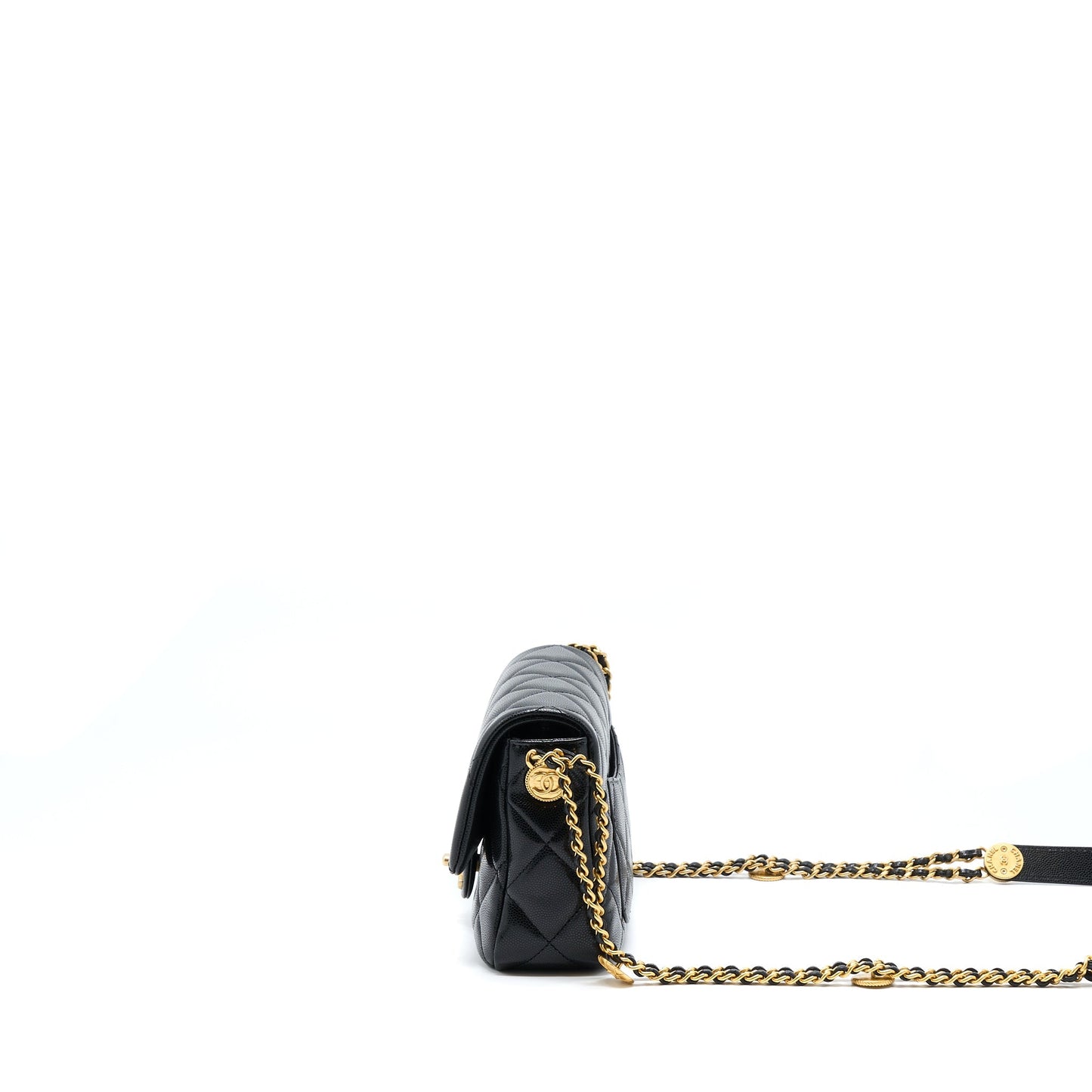 Chanel 22A Flap Caviar Brushed Hardware Microchip Black Gold Small Shoulder Bag