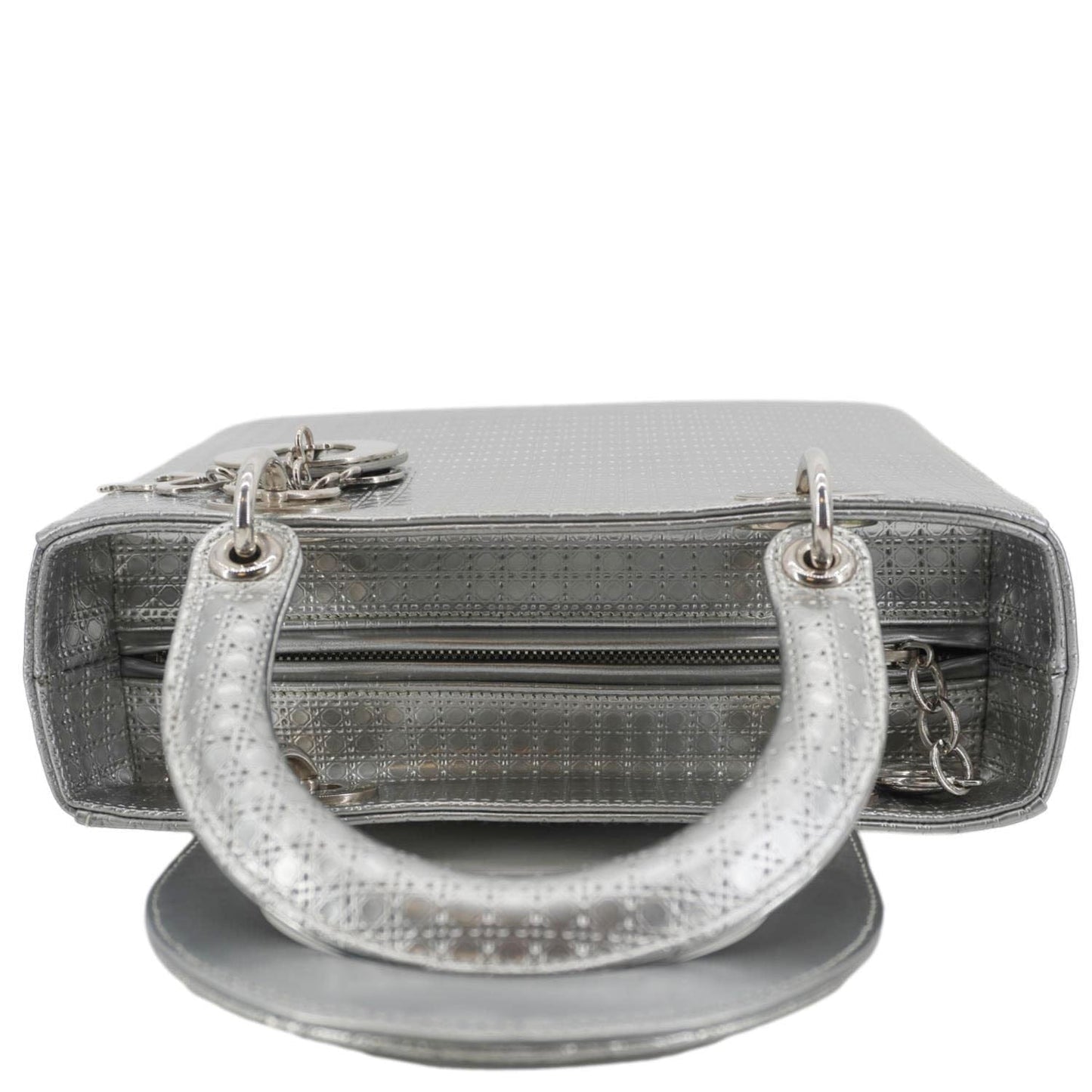 Dior Lady Shoulder Bag Metallic Leather Silver Medium