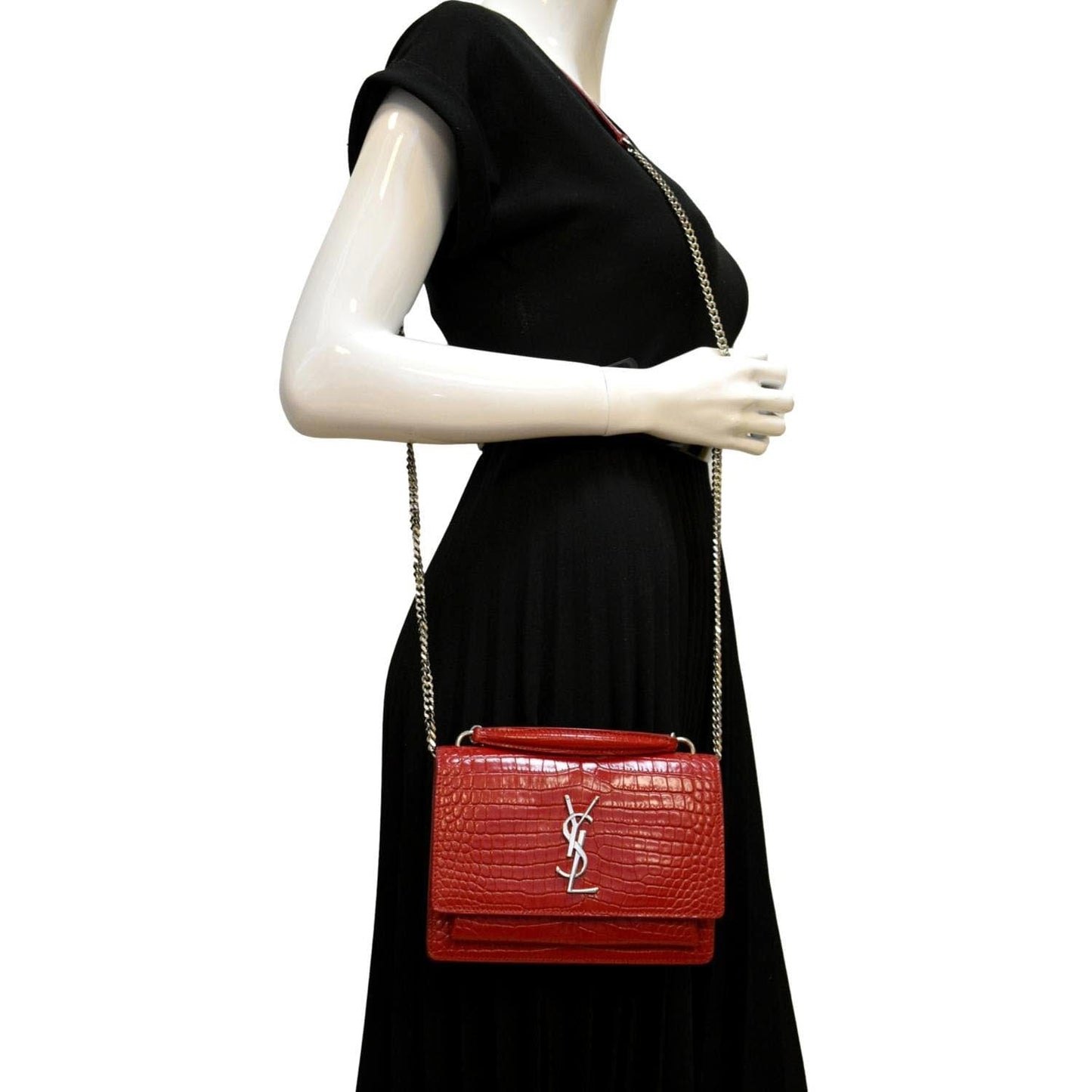 YSL Saint Laurent Saint Sunset Crocodile Embossed Crossbody Bag Leather Red