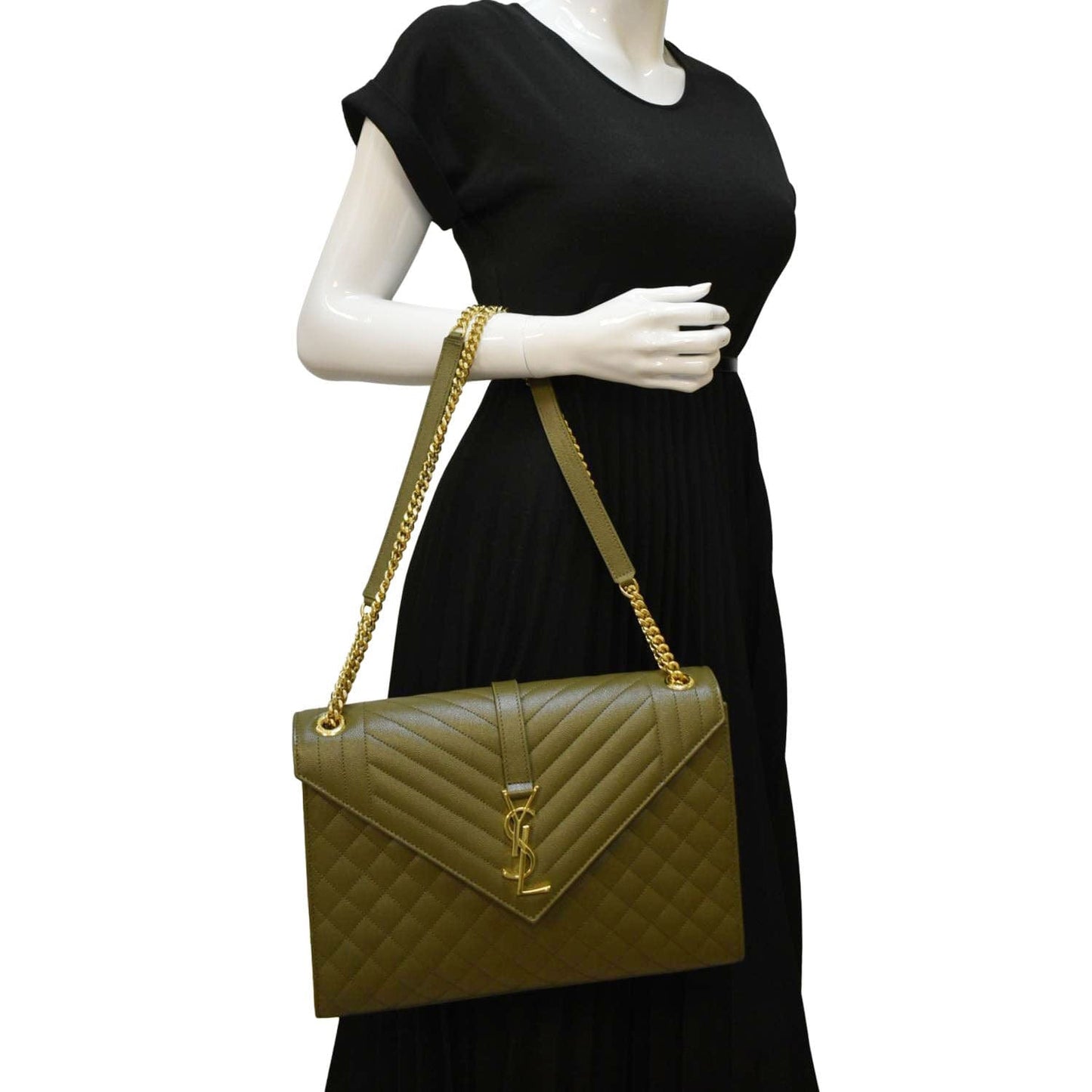 YSL Saint Laurent Saint Large Envelope Flap Shoulder Bag Khaki Leather Matelasse