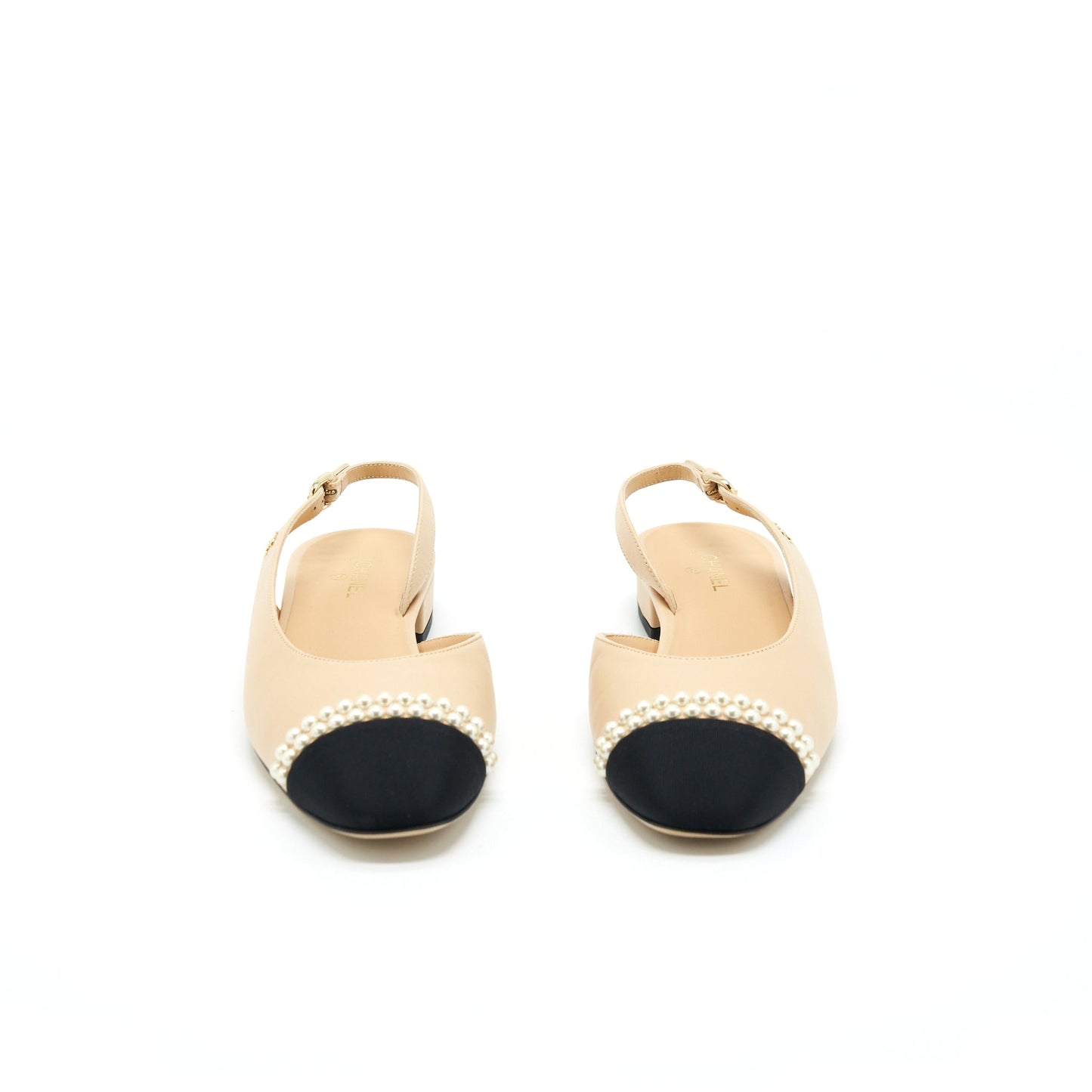 Chanel 38.5C Slingback Flats Pearls Beige Shoes