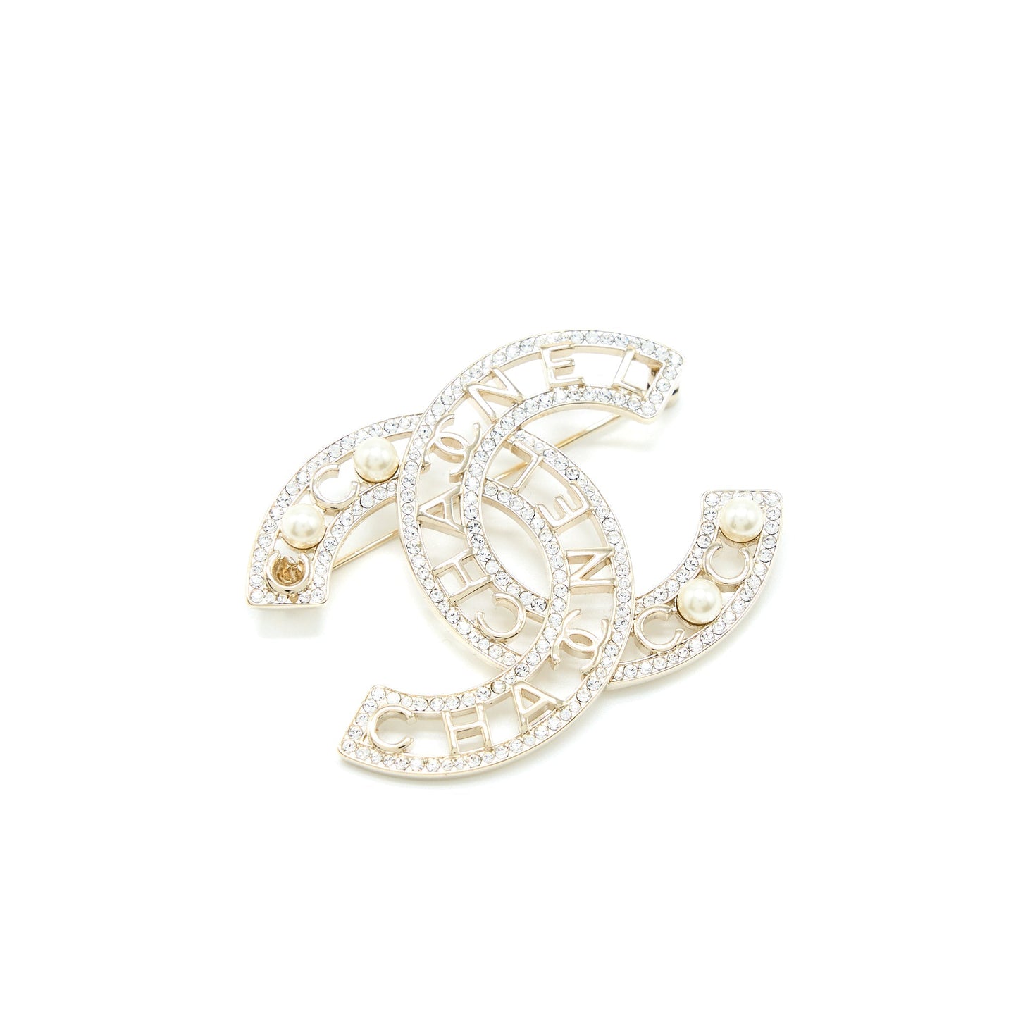 Chanel Model CC Logo Crystal Pearl Brooch Gold Handbag