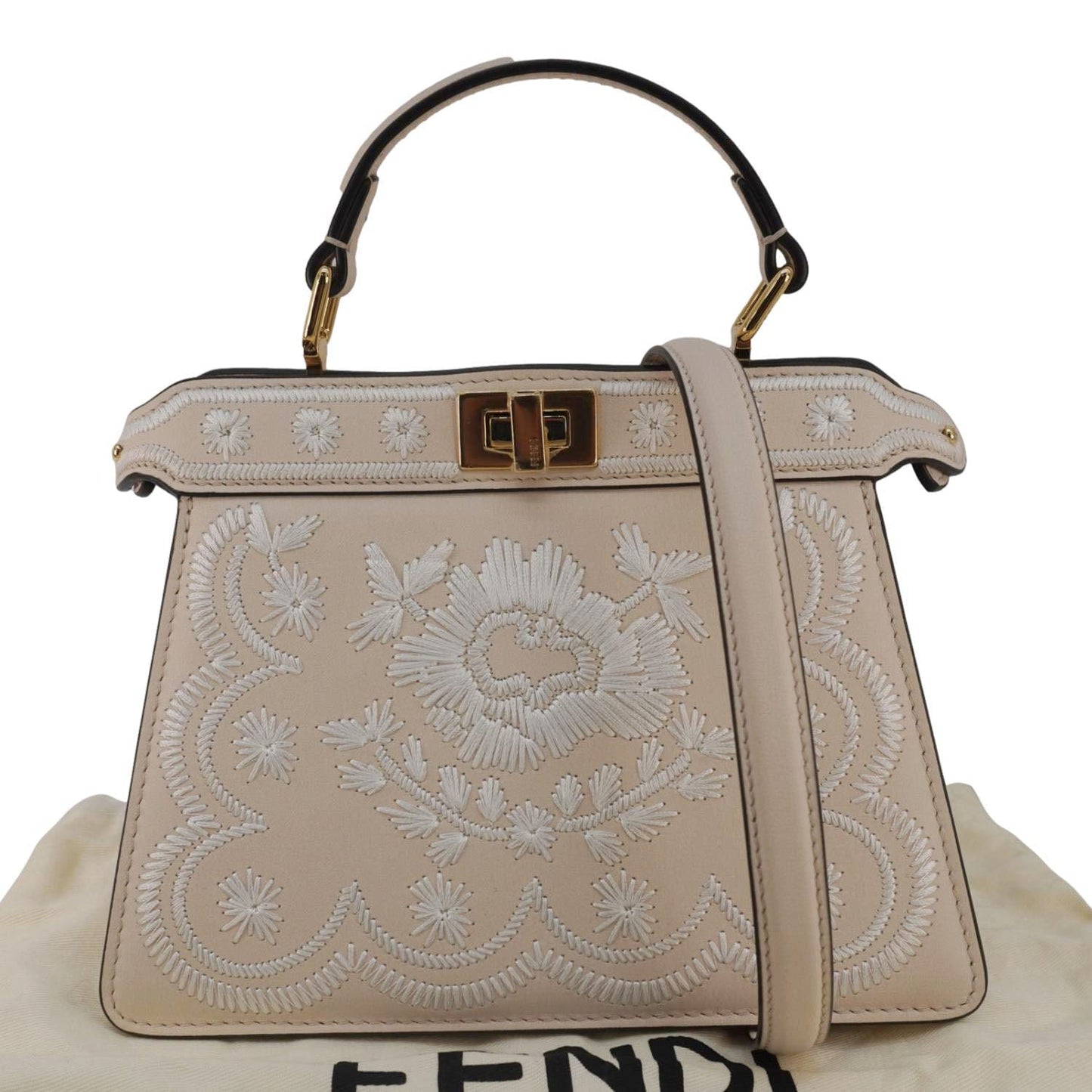 Fendi Peekaboo Seta Nappa Floral Tote Bag Camelia Leather Vitello Embroidered