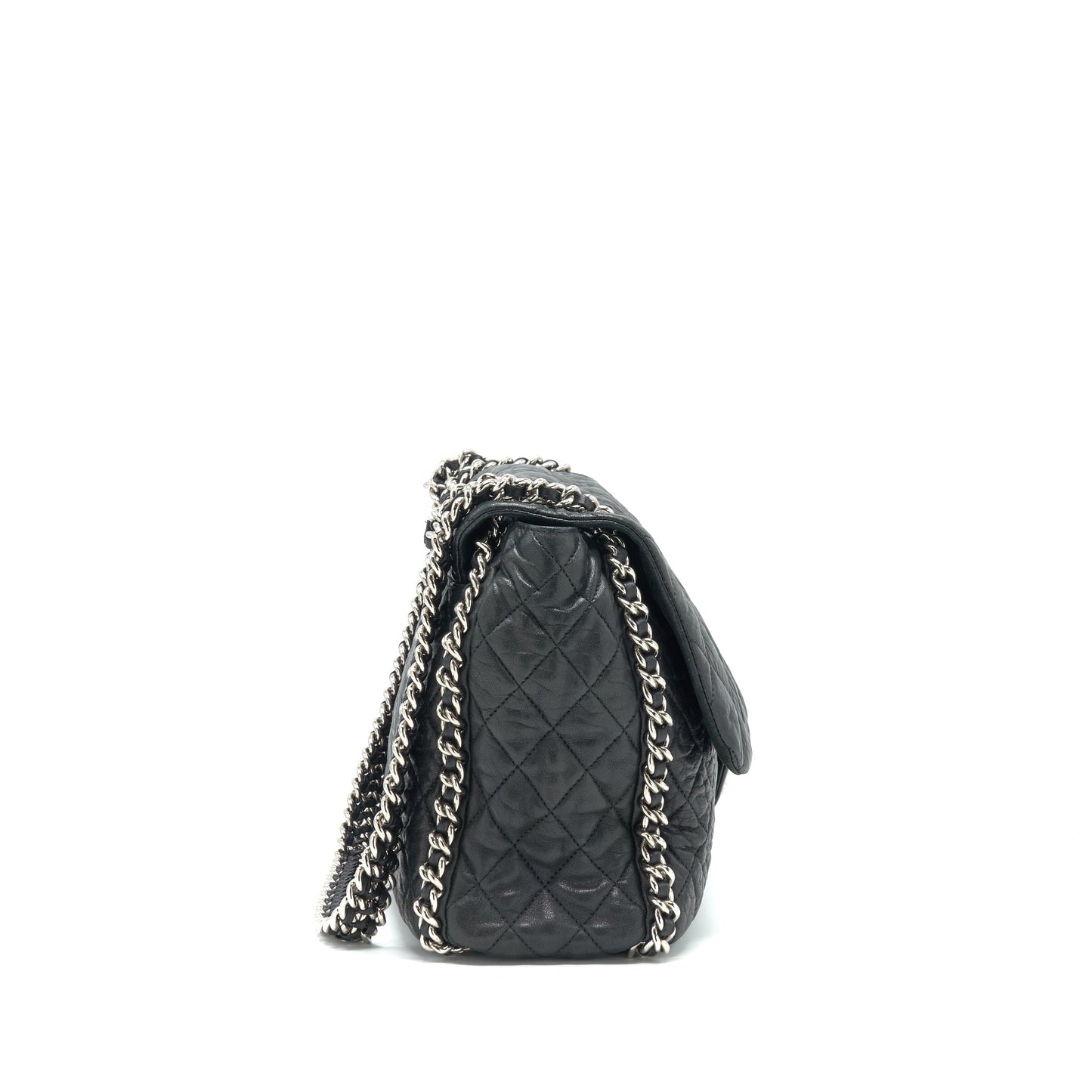 Chanel Quilted Around Maxi Ruthenium Hardware Black Leather Handbag