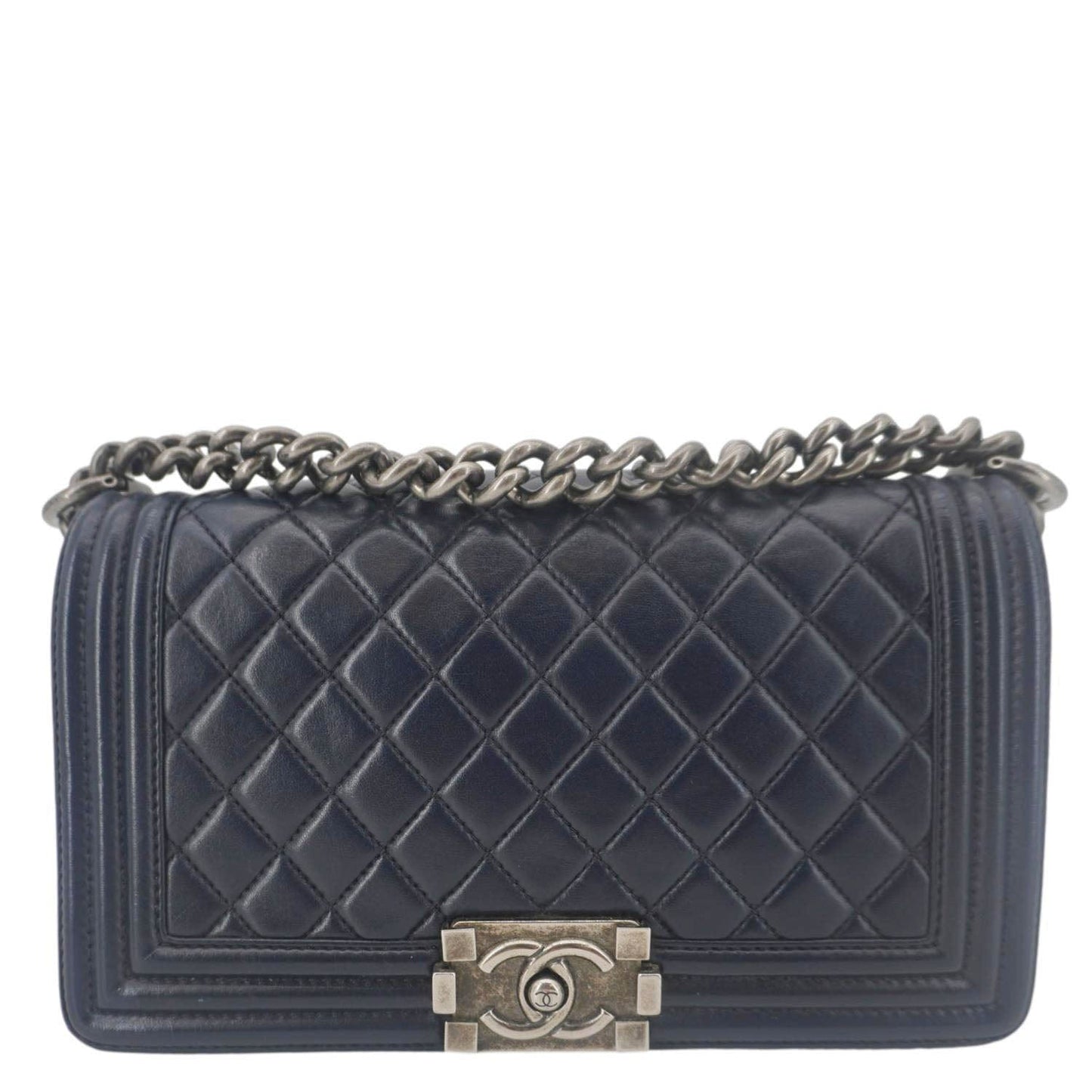 Chanel Boy Flap Quilted Navy Leather Lambskin Blue Travel Bag