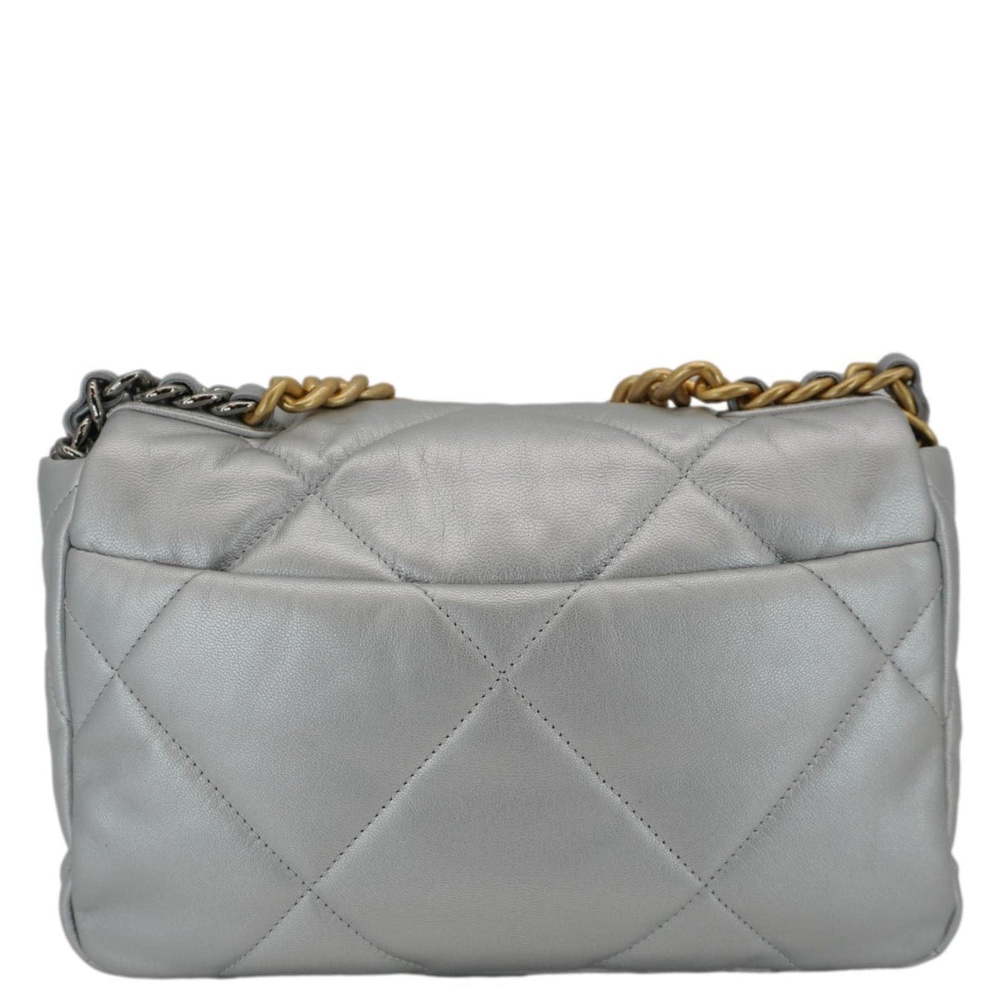Chanel 19 Medium Flap Quilted Leather Shoulder Bag Metallic Silver