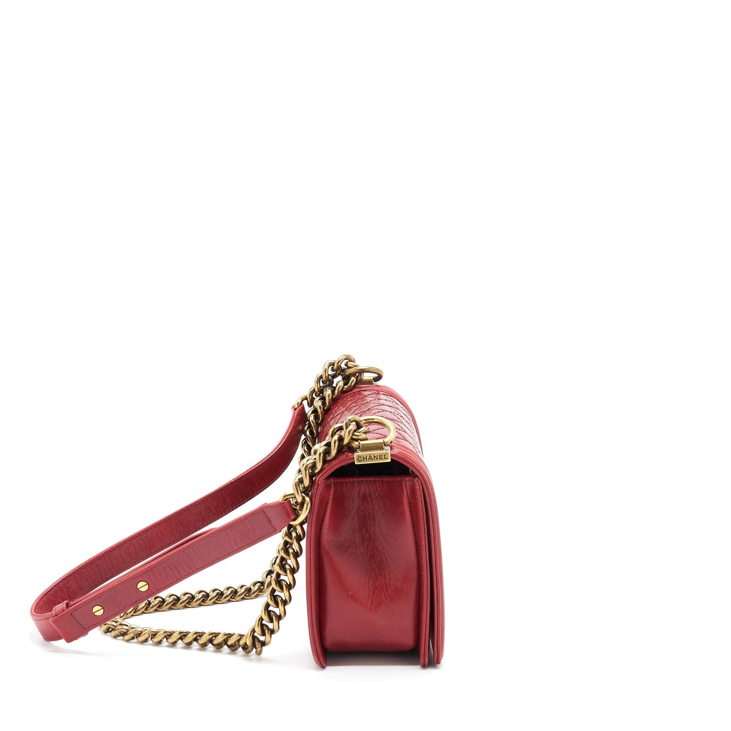 Chanel Boy Aged Calfskin Ruthenium GHW Red Handbag