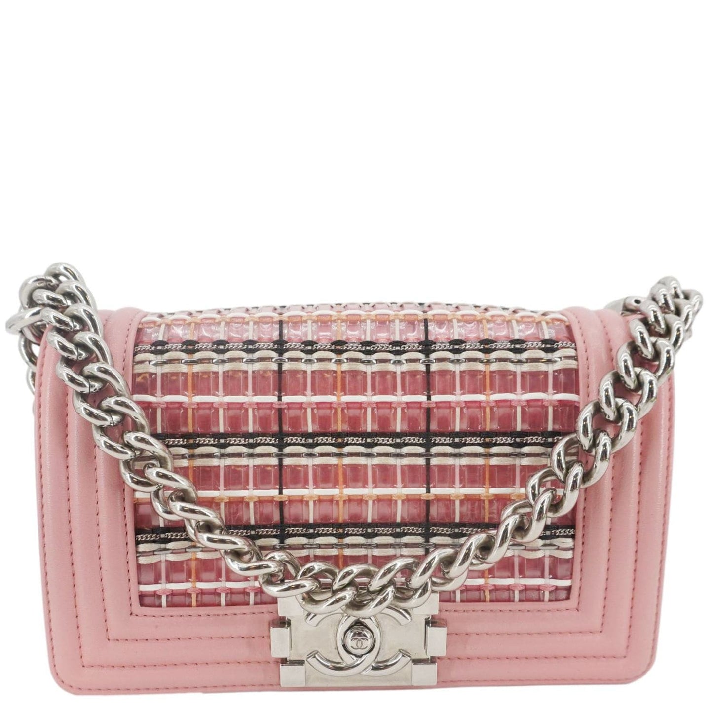 Chanel Boy Flap Small Woven Leather Shoulder Bag Pink