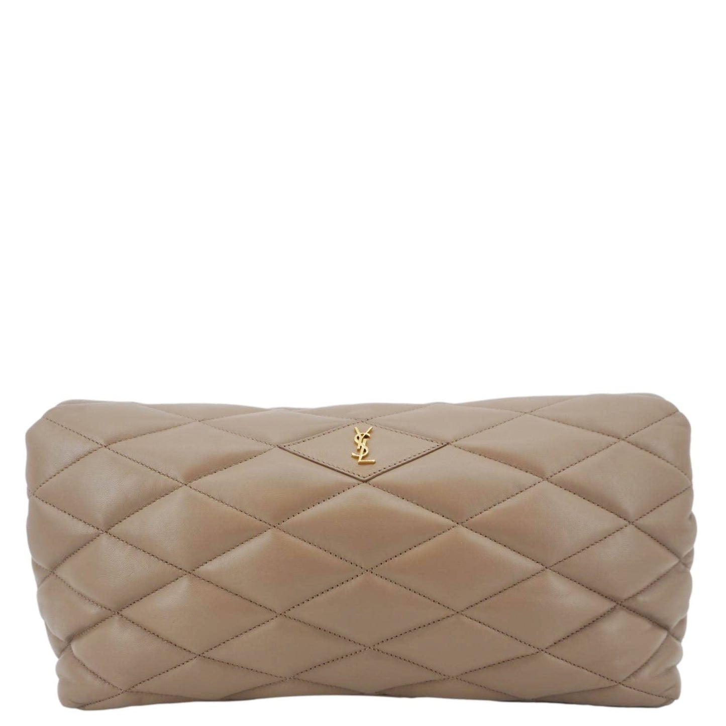 YSL Saint Laurent Yves Sade Clutch Bag Taupe Leather Quilted Large
