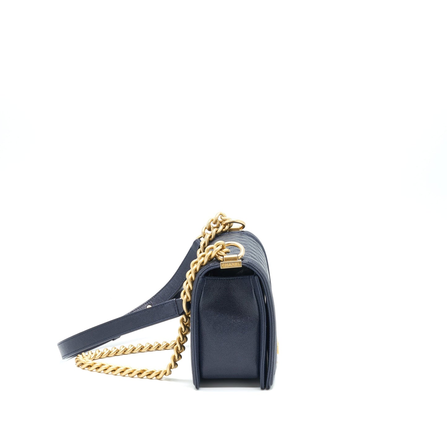 Chanel Boy Grained Navy Calfskin Brushed GHW Handbag