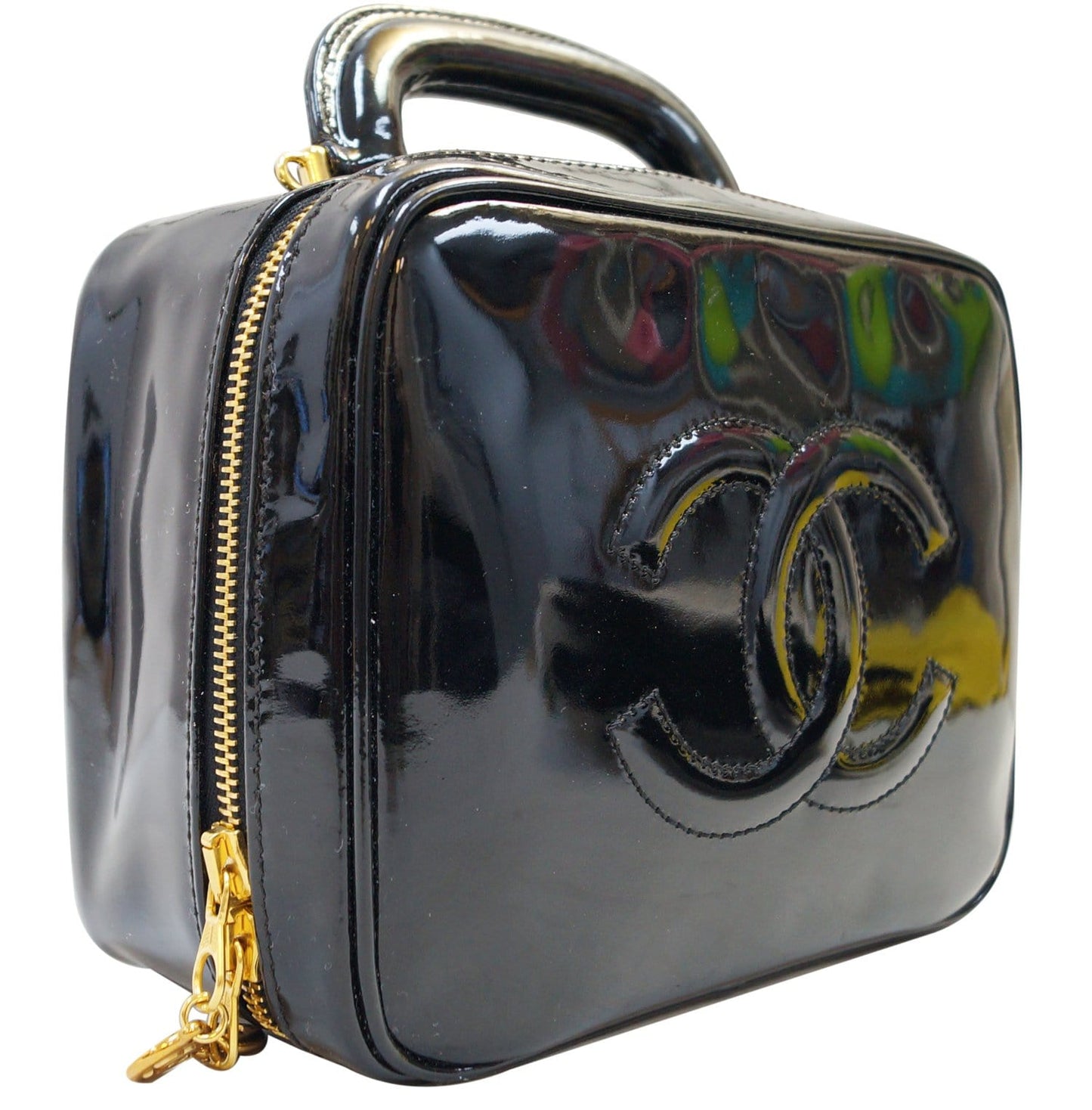 Chanel CC Patent 2way Vanity Cosmetic Leather Black Travel Bag Cosmetic Bag
