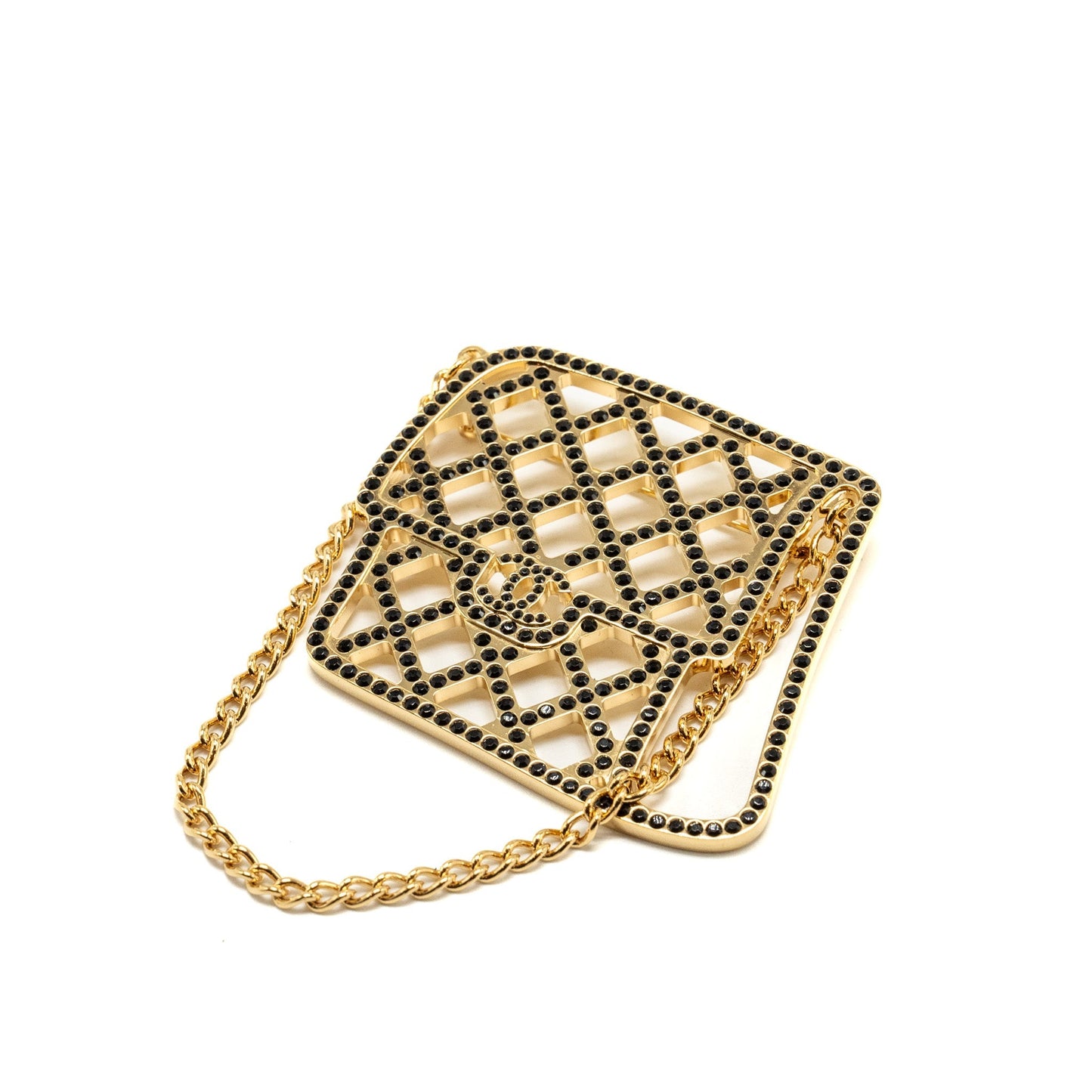 Chanel Flap Brooch Crystal Tone Black Gold Shoulder Bag Tone 1