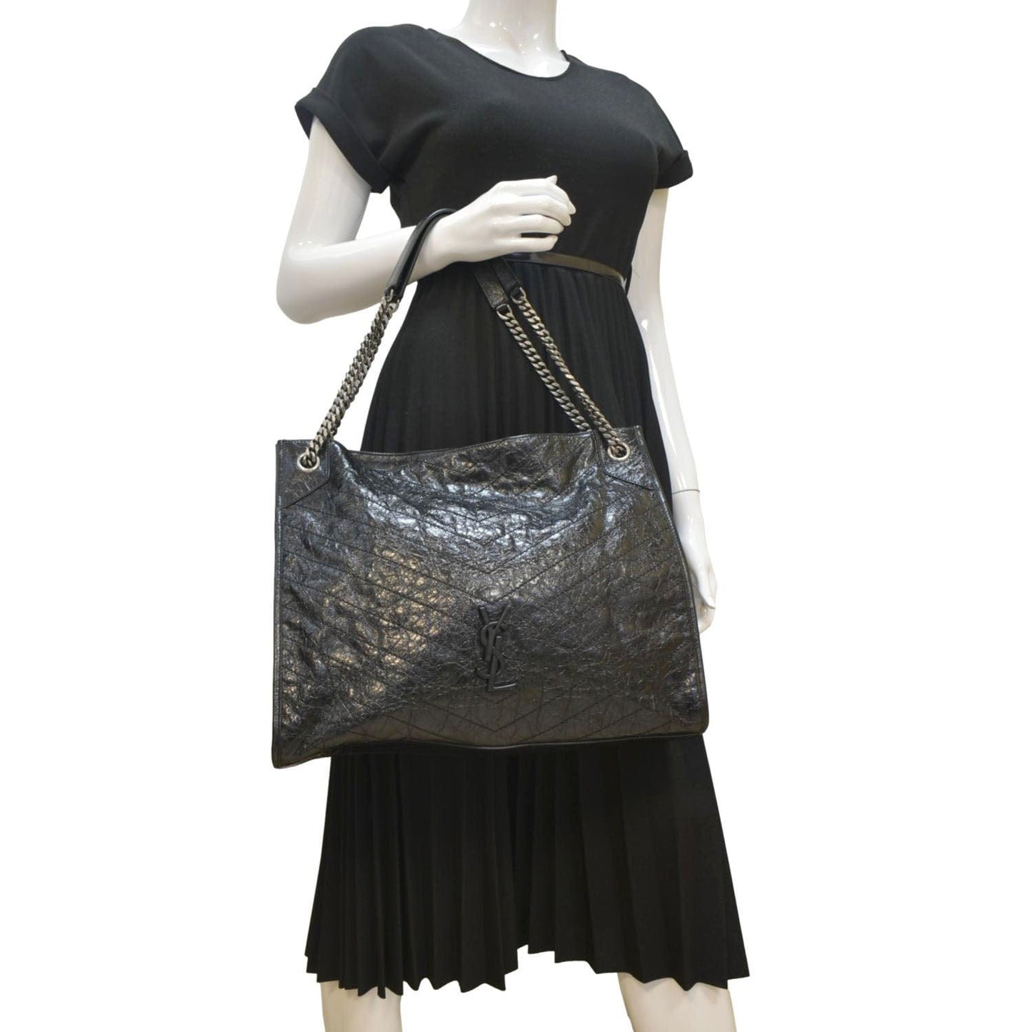 YSL Saint Laurent Saint Niki Crinkle Shopper Tote Bag Leather Black