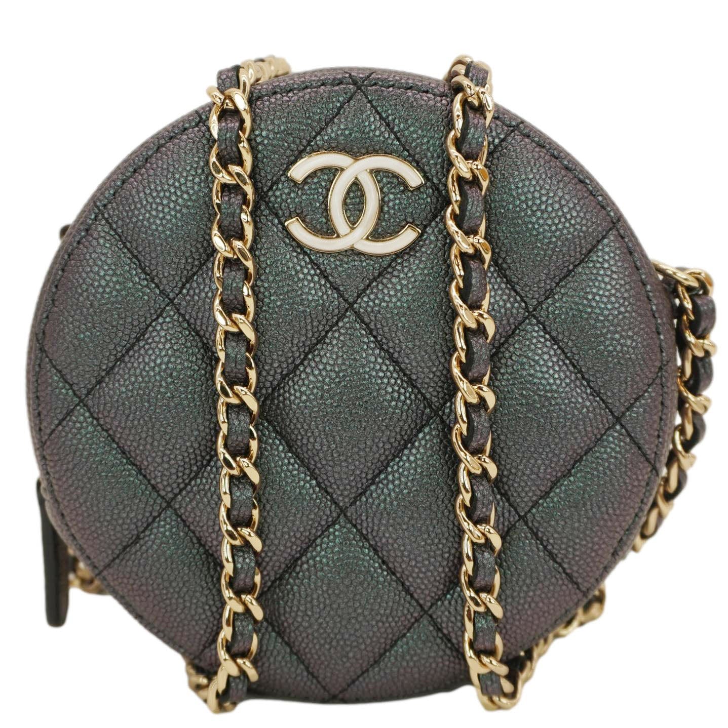 Chanel Round Quilted Iridescent Caviar Leather Clutch Crossbody Bag Green