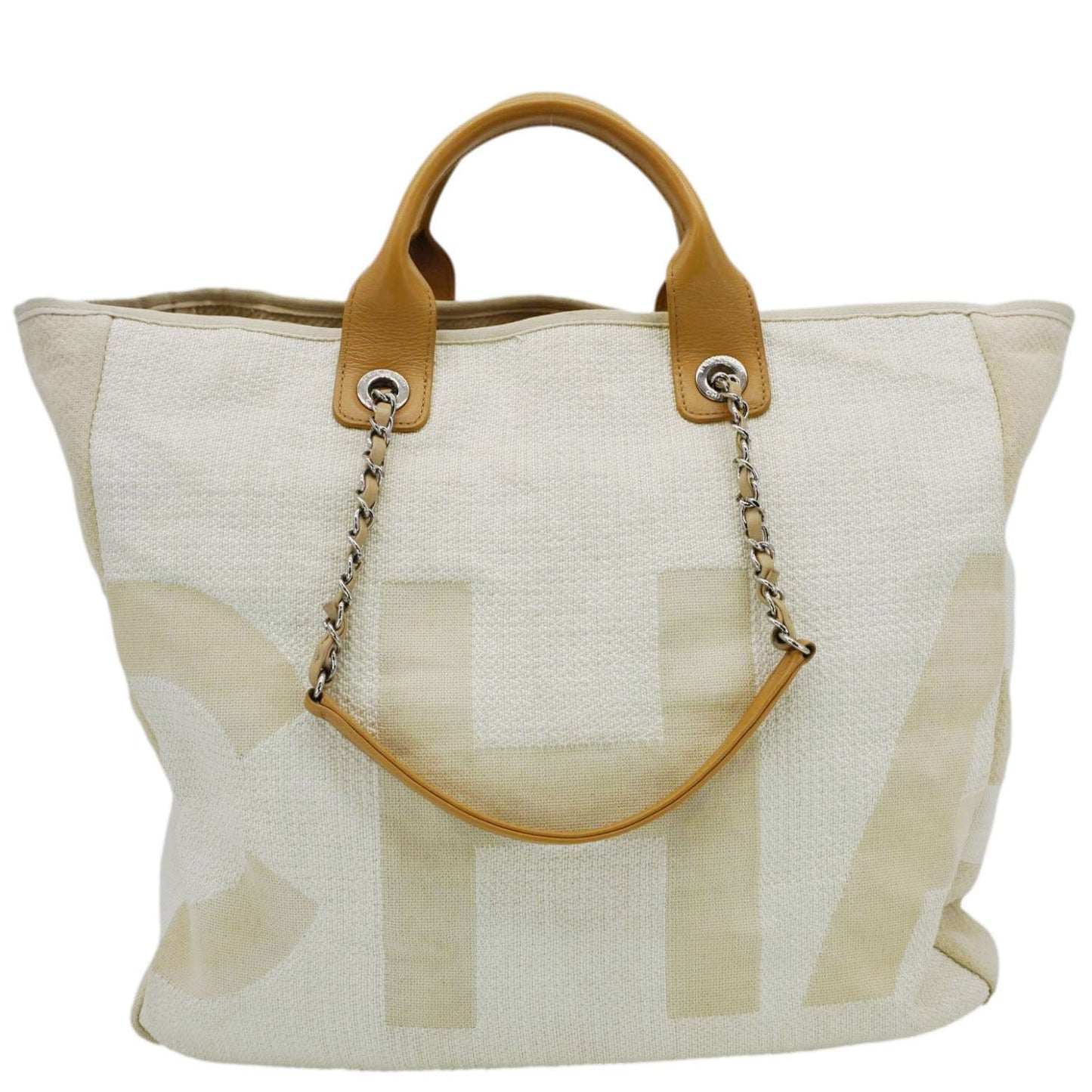 Chanel Deauville Large Logo Printed Canvas Tote Bag Cream