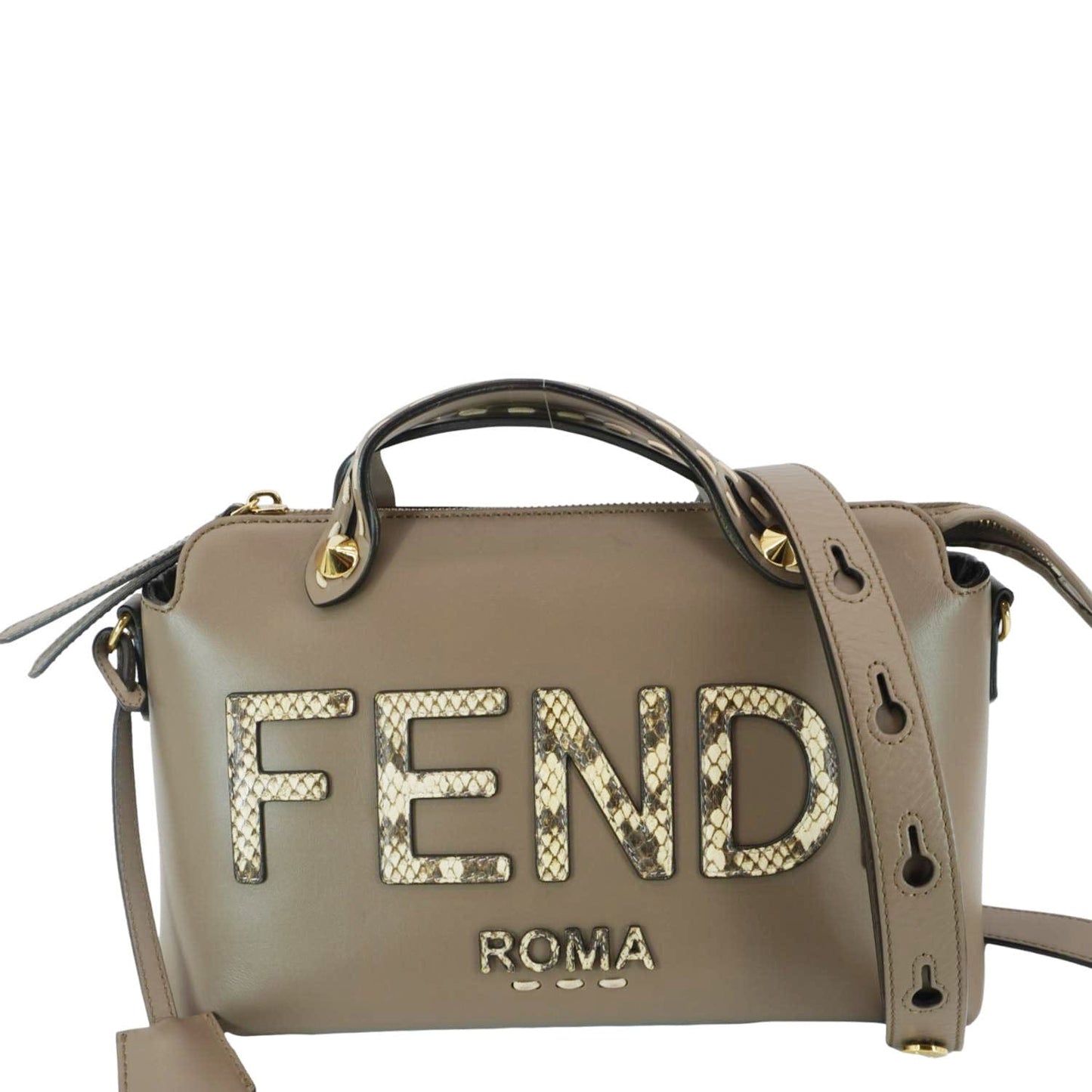 Fendi By The Way Print Boston Bag Leather Python Beige Handbag