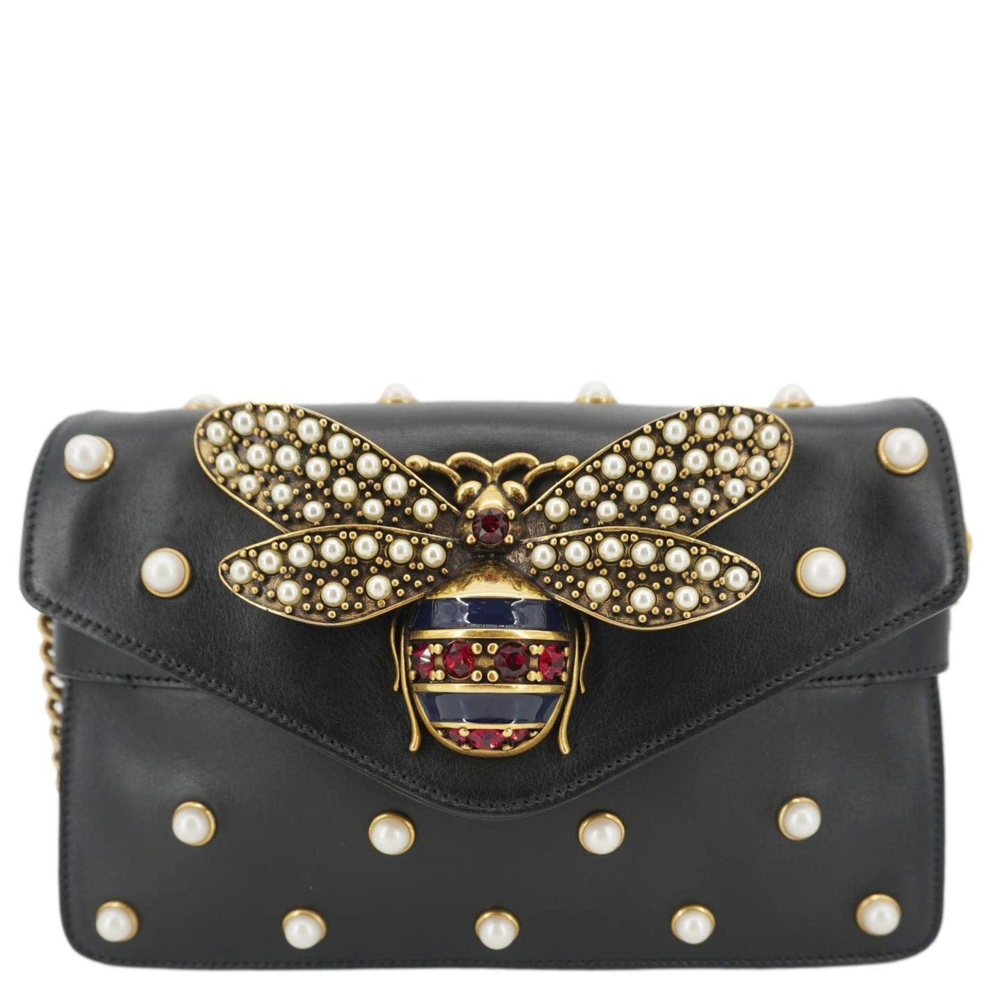 Gucci Broadway Queen Margaret Pearl Studded Nappa Crossbody Leather Black Crossbody Bag