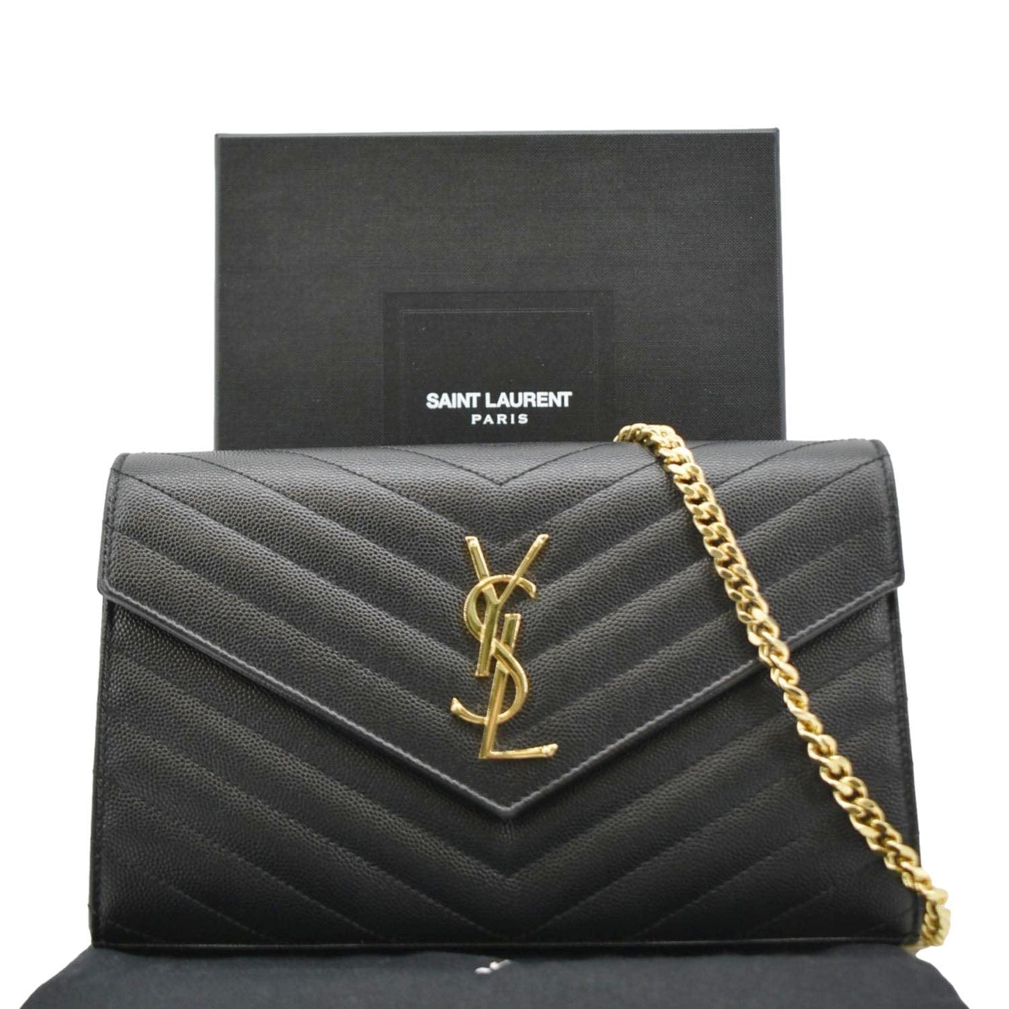 YSL Saint Laurent Yves Cassandre Wallet Crossbody Bag Leather Black Chain