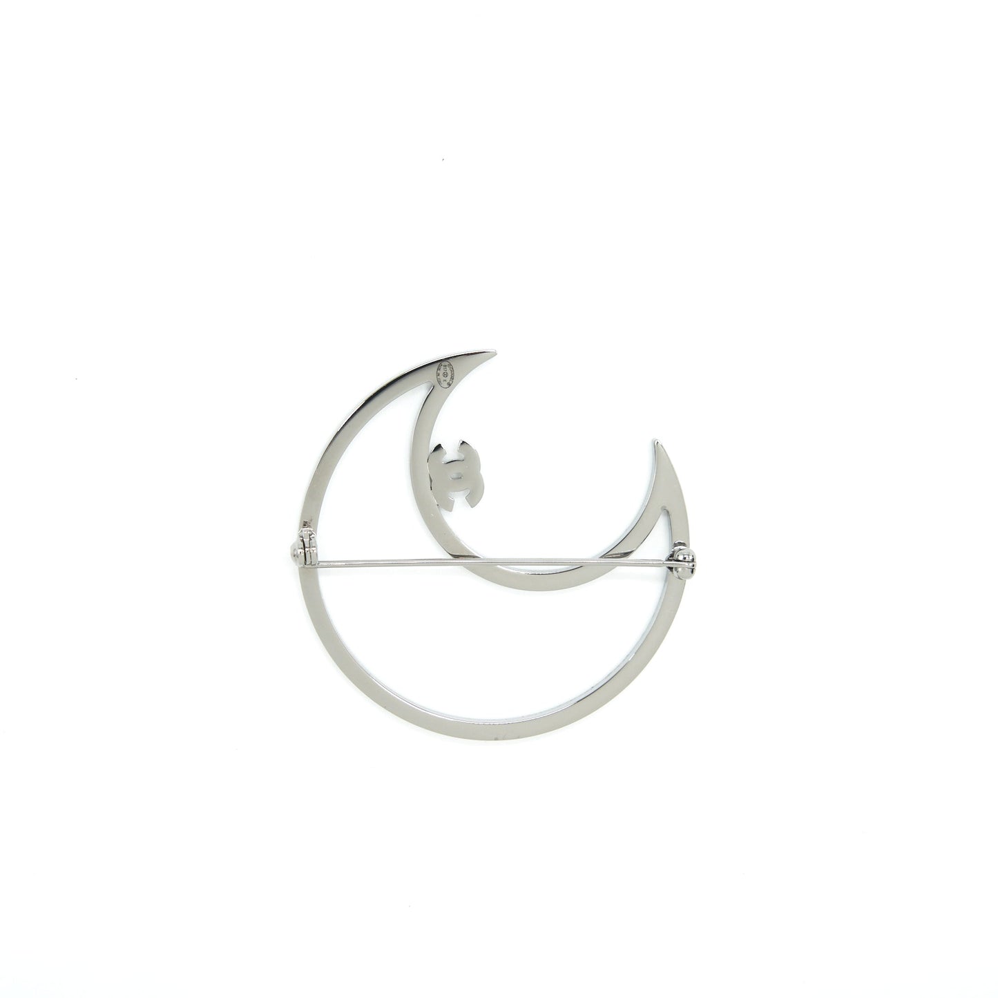 Chanel Crystal CC Crescent Moon Brooch Tone Silver Handbag