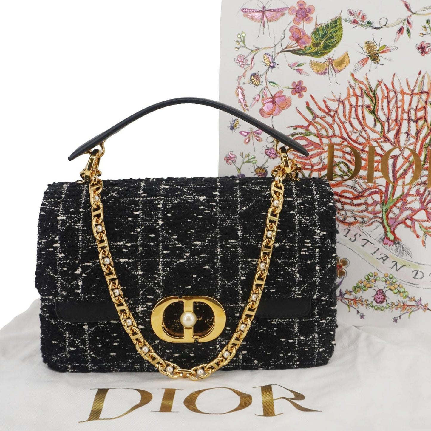 Dior Jolie Cannage Tweed Top Handle Shoulder Bag Black Small