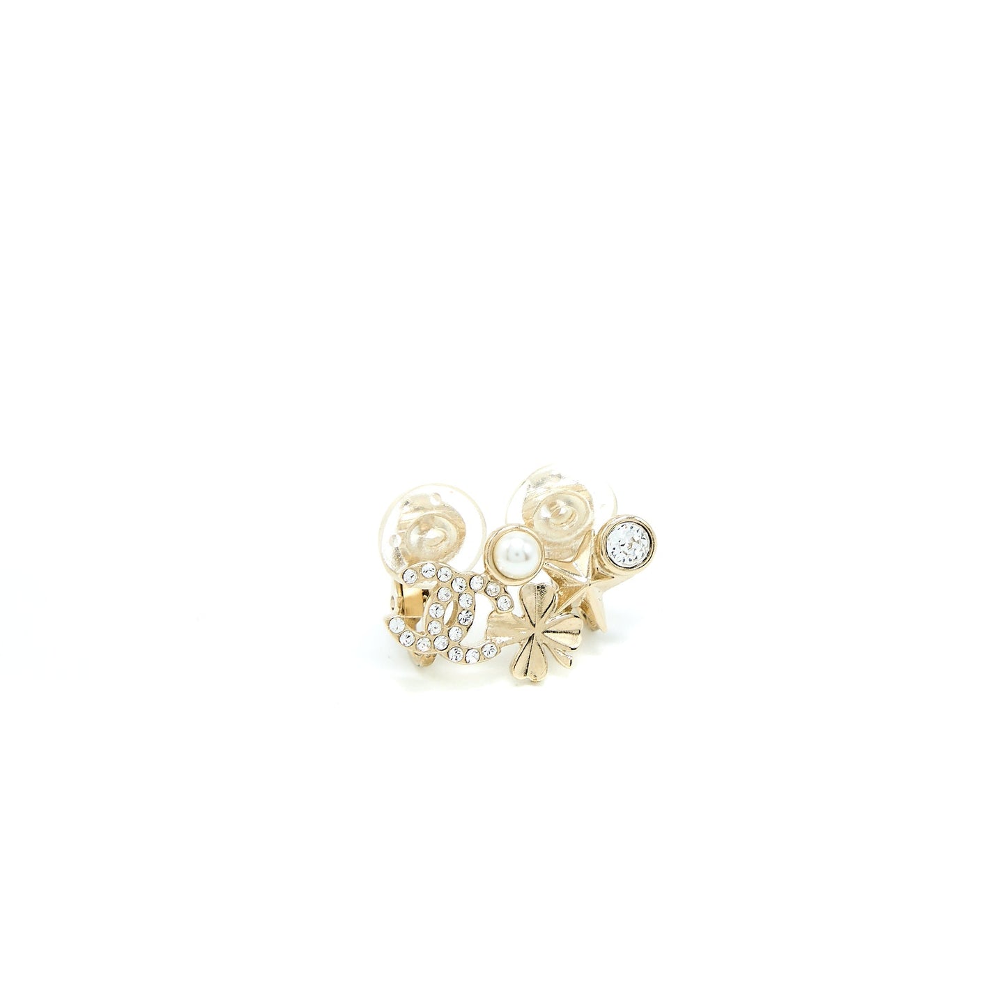 Chanel CC Logo Flower Ear Clip Crystal Gold Handbag