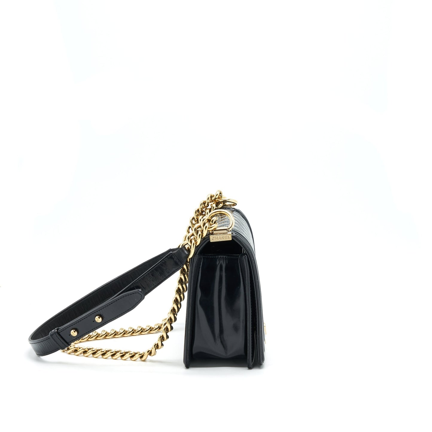 Chanel Le Boy Patent LGHW Black Leather Handbag