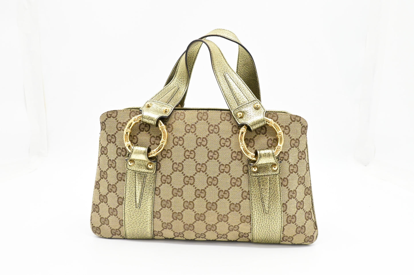 Gucci Green Leather Canvas Beige Travel Bag