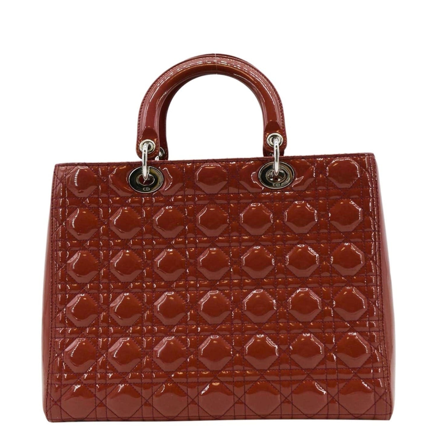 Dior Lady Large Patent Shoulder Bag Reddish Orange Leather Quilted