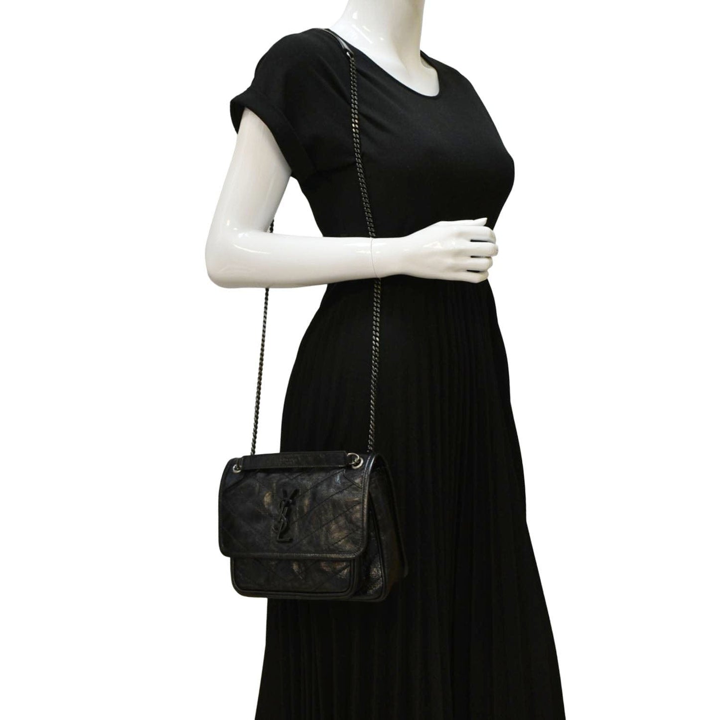 YSL Saint Laurent Saint Niki Baby Crinkle Shoulder Bag Leather Black