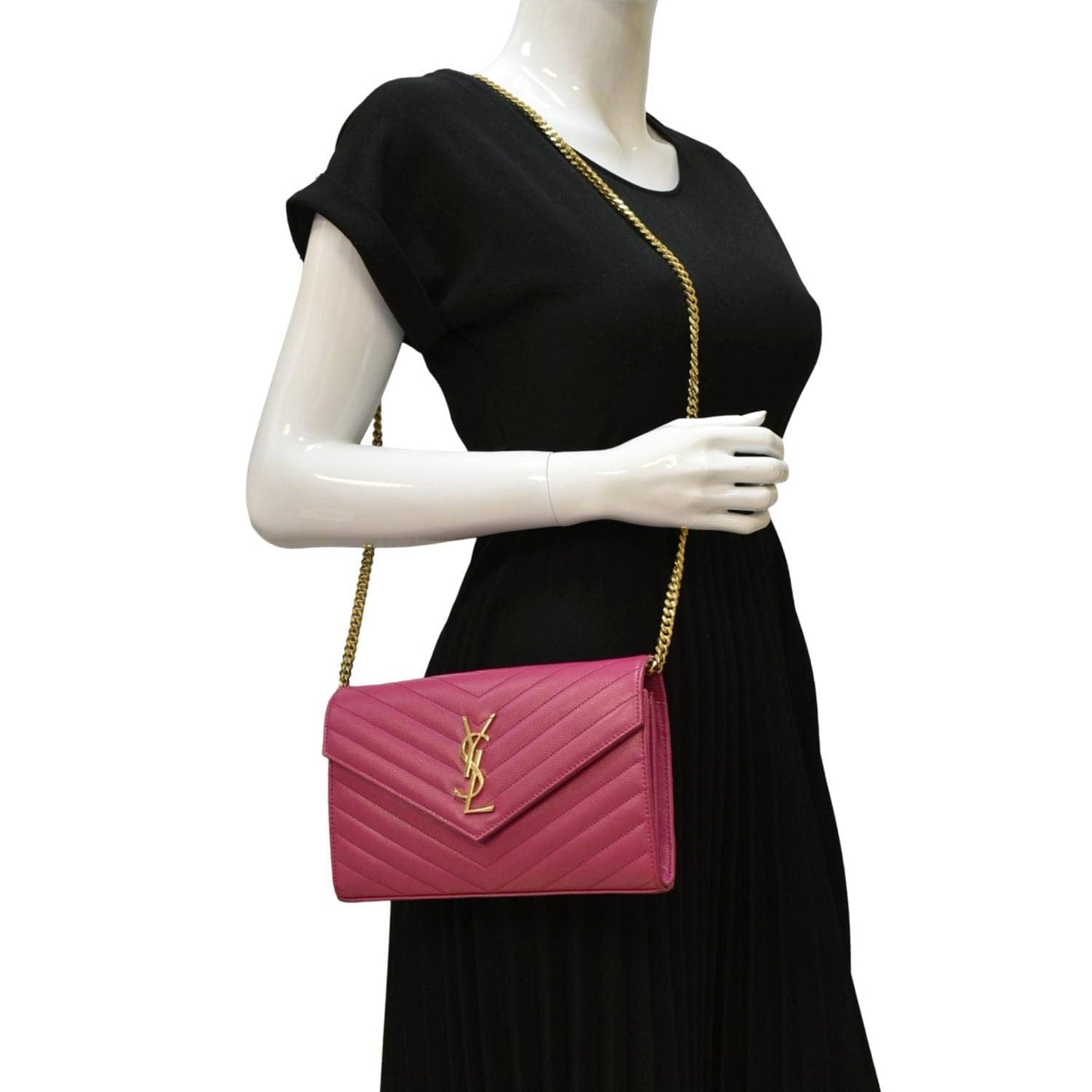 YSL Saint Laurent Saint Cassandre Wallet Crossbody Bag Fuchsia Matelasse Chain