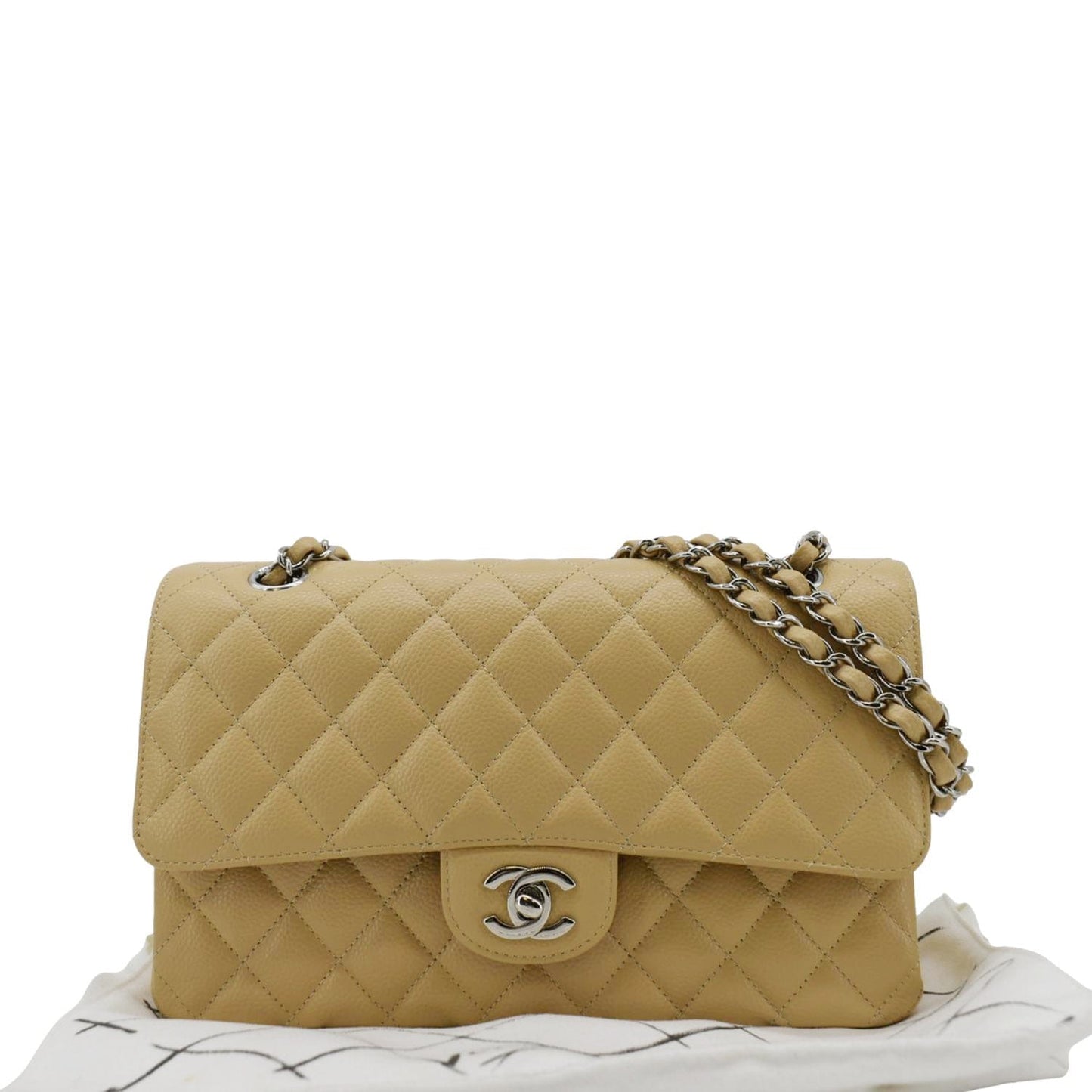 Chanel Classic Double Flap Quilted Caviar Leather Beige Travel Bag