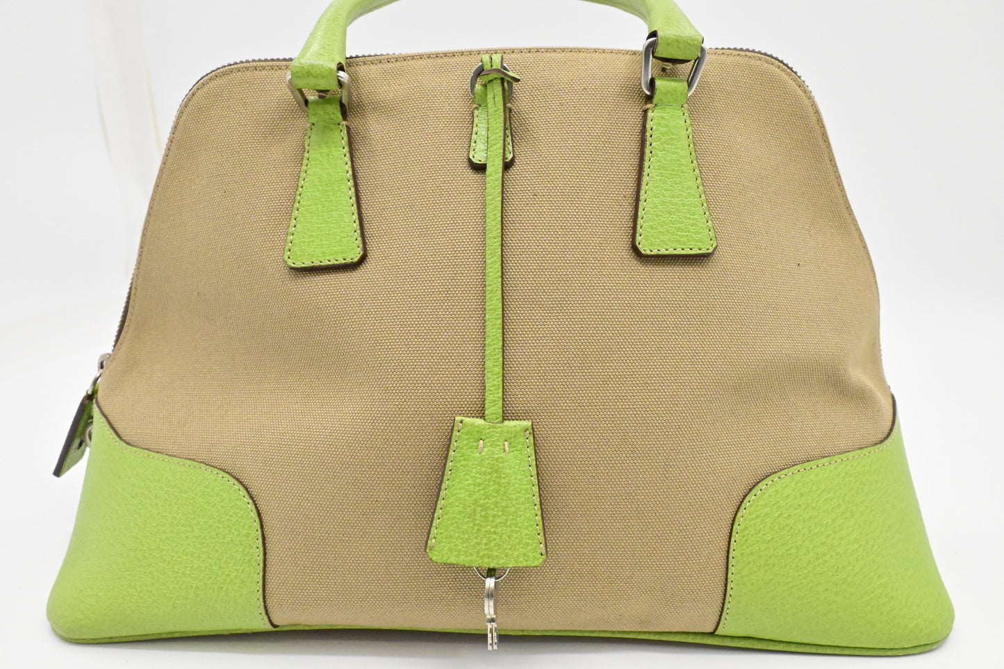Prada Bowling Bag In & Green Leather Canvas Travel Bag