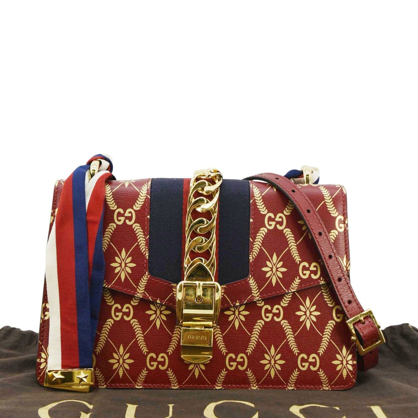 Gucci Sylvie Printed Satchel Bag Leather Red Travel Bag