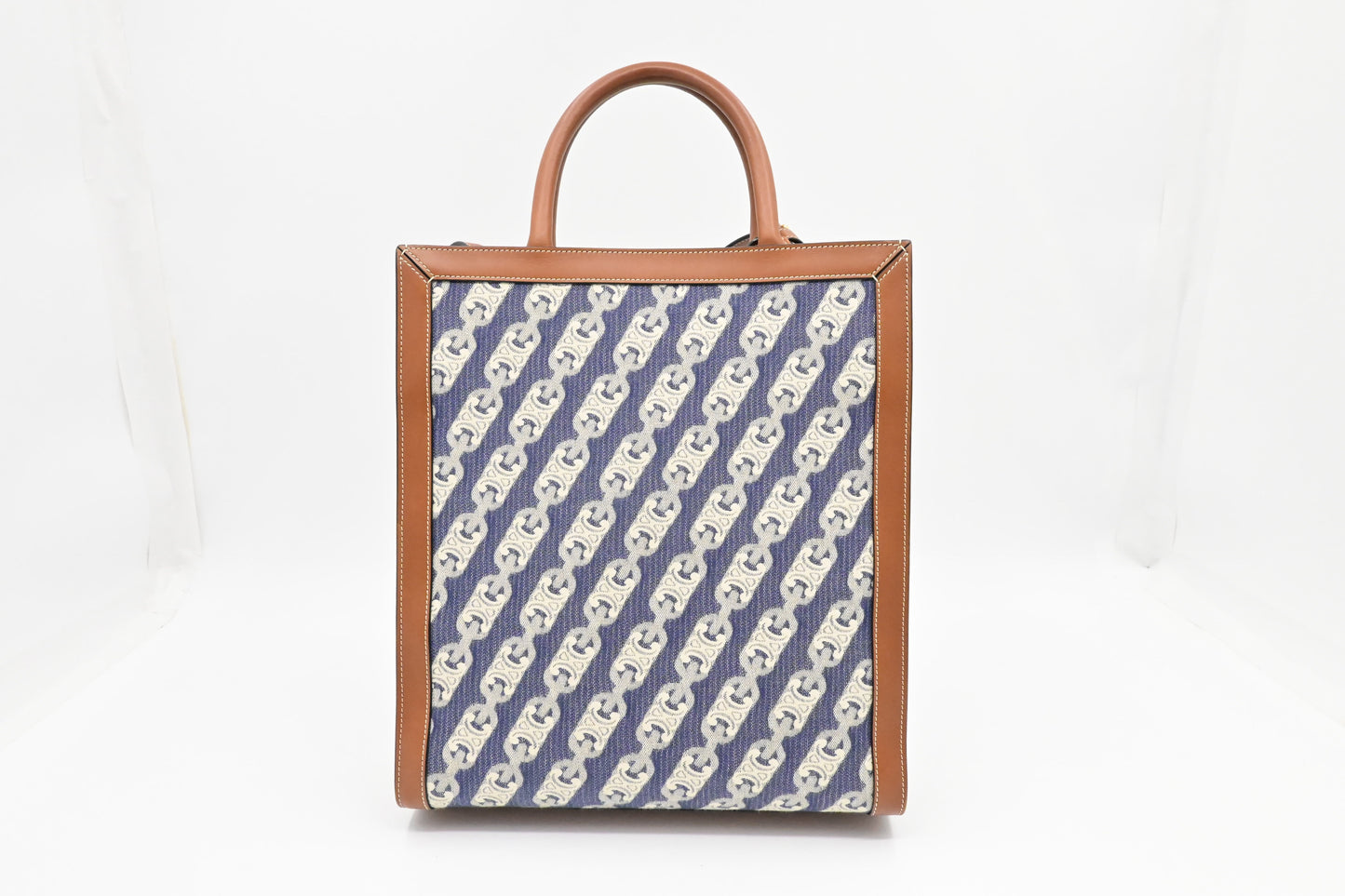 Celine Vertical Cabas In Blue And Brown Handbag Leather Canvas Travel Bag