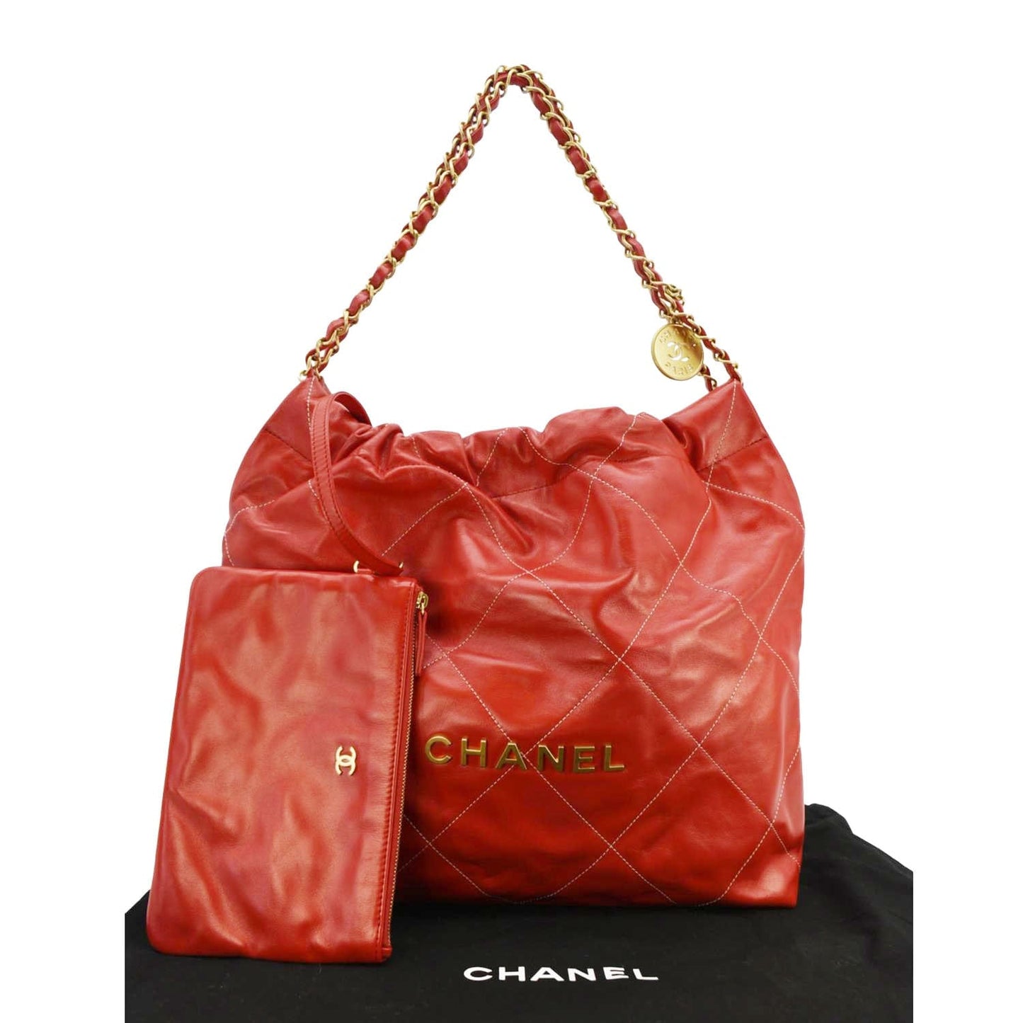 Chanel 22 Shiny Quilted Leather Calfskin Red Travel Bag